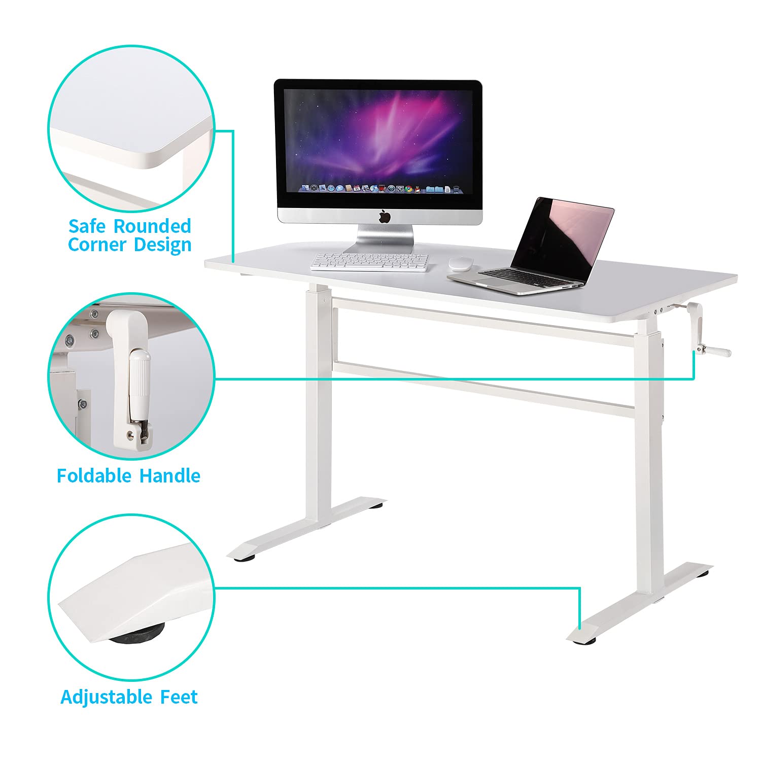 UNICOO 48 x 24 Inches Manual Standing Desk - Heavy Duty Adjustable Height Computer Workstation with Crank Mechanism & Headphone Hook (White, SYK01) | Perfect for Home Office, Gaming Setup & Ergonomic Workspace