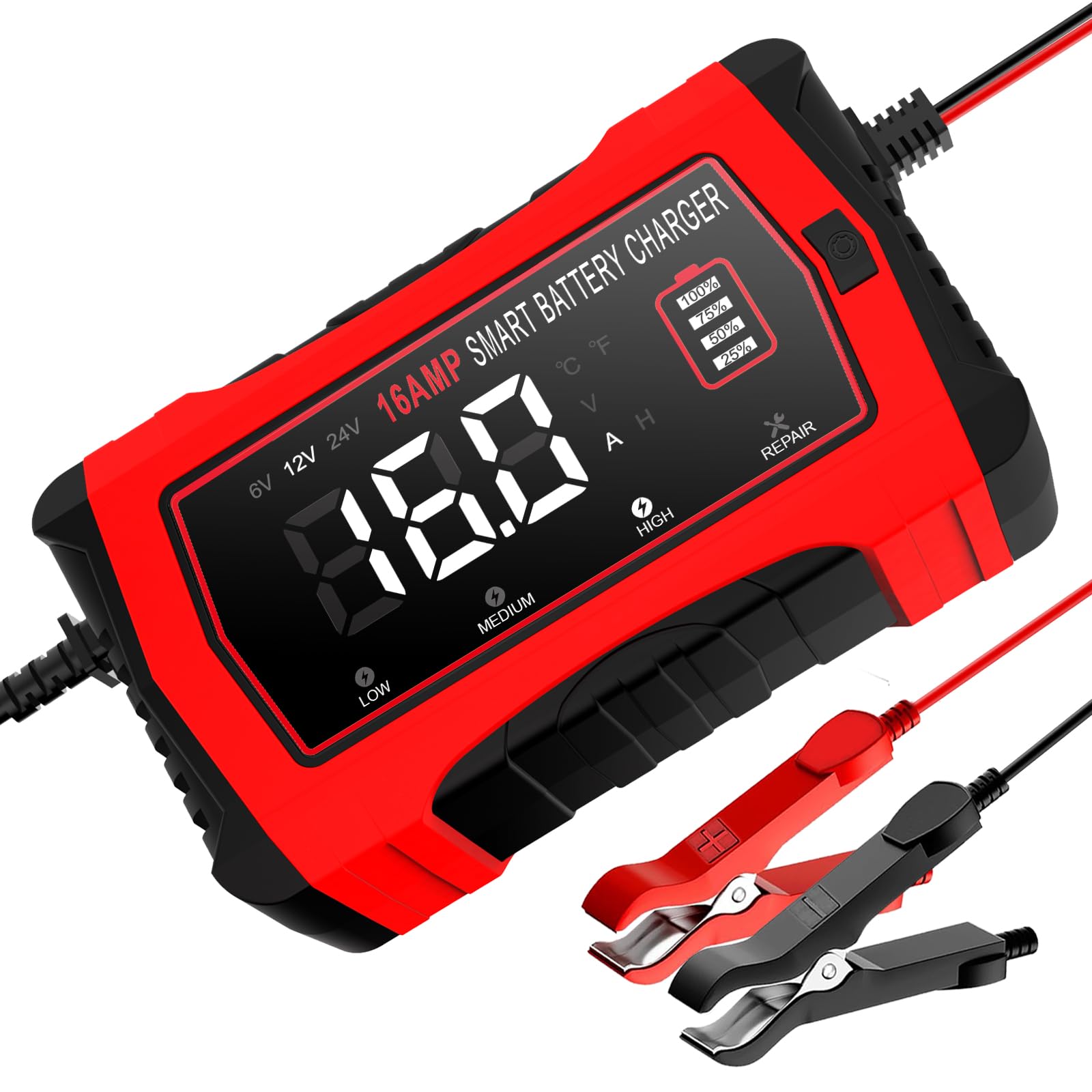 16-Amp Smart Battery Charger for 6V/12V/24V Automotive Batteries - Universal Car, SUV, Motorcycle & Boat Charger with Trickle Charge Mode - Compatible with Lead-Acid, Lithium & LiFePO4 Batteries - Perfect for Winter Storage, Long-Term Maintenance & Emergency Charging