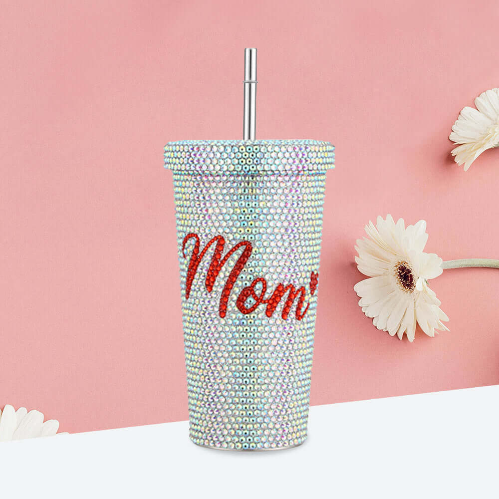 Bling MOM Message Studded 17oz Stainless Steel Tumbler with Lid & Straw - Insulated Travel Mug for Coffee, Tea & Cold Drinks - Perfect Gift for Mother's Day, Birthday & Holidays
