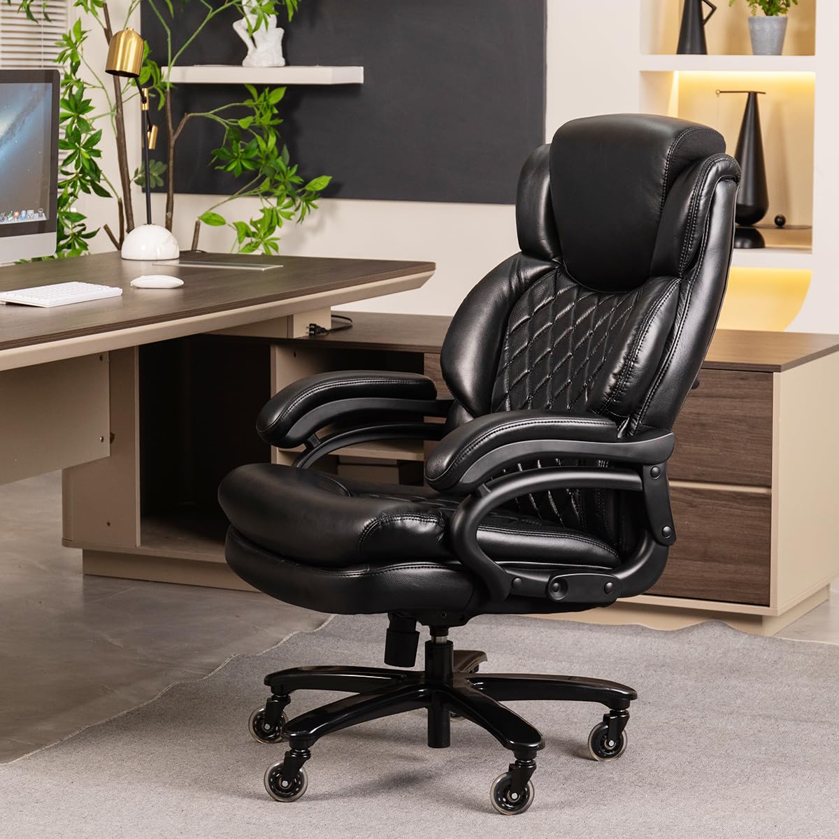 500lbs Heavy Duty Executive Office Chair for Big and Tall People - Adjustable Headrest, 360° Swivel & Heavy Duty Casters - Ergonomic Computer Desk Chair for Home & Office Use (Black) - Perfect for Long Work Hours & Comfortable Seating