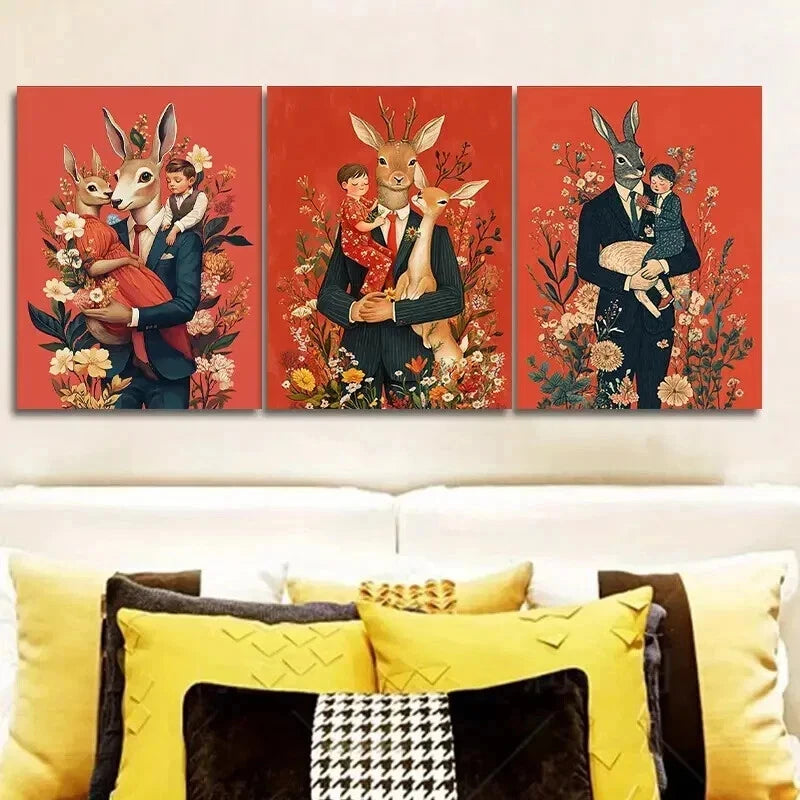 3-Piece Mr. Rabbit & Wife Floral Canvas Wall Art Set - 50x70cm Framed Prints | High Quality Australian Made | Perfect for Living Room, Bedroom & Nursery Decor