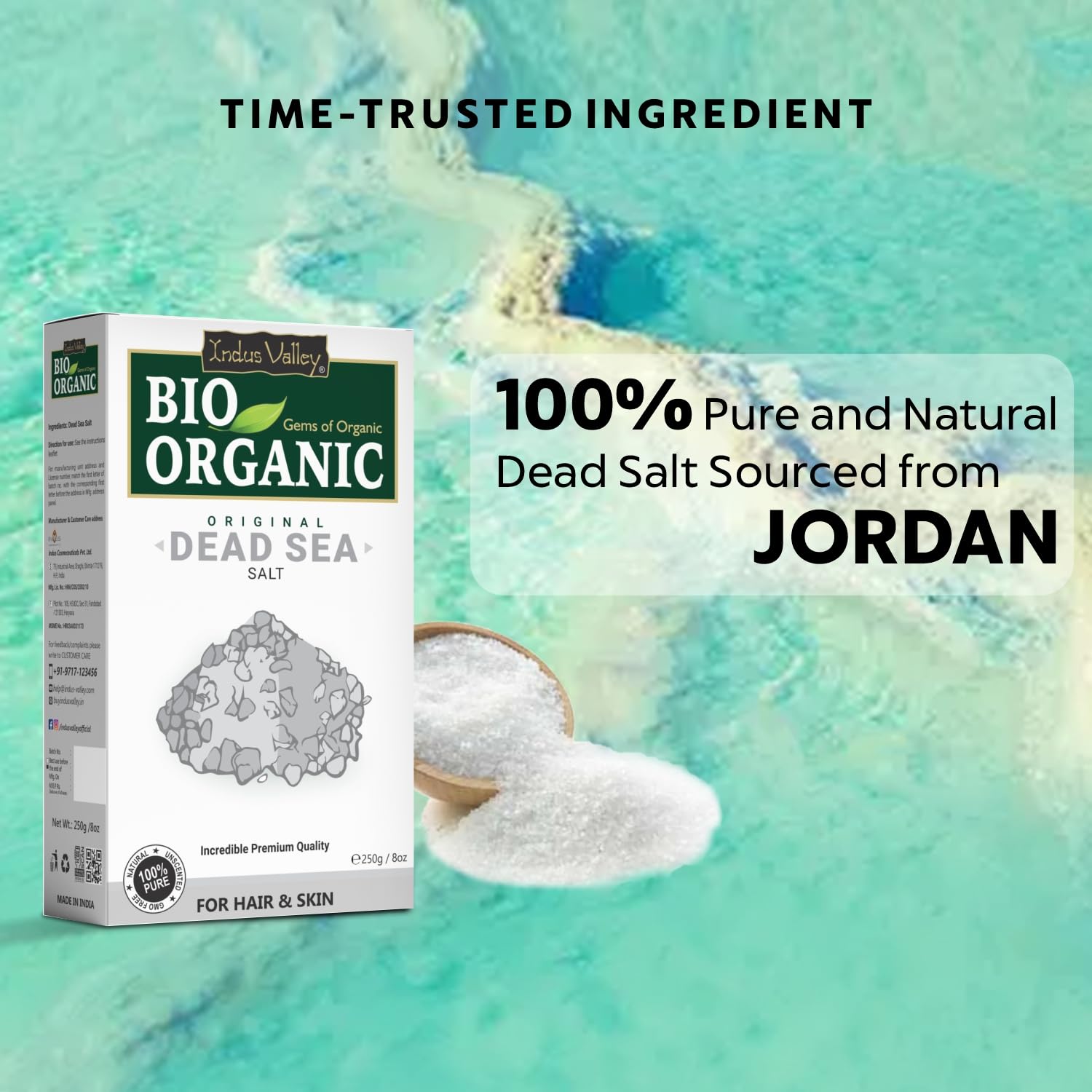 INDUS VALLEY Bio Organic 100% Natural Dead Sea Salt for Skin Healing, Hydration & Exfoliation - 250g - Spa, Bath & Relaxation Therapy