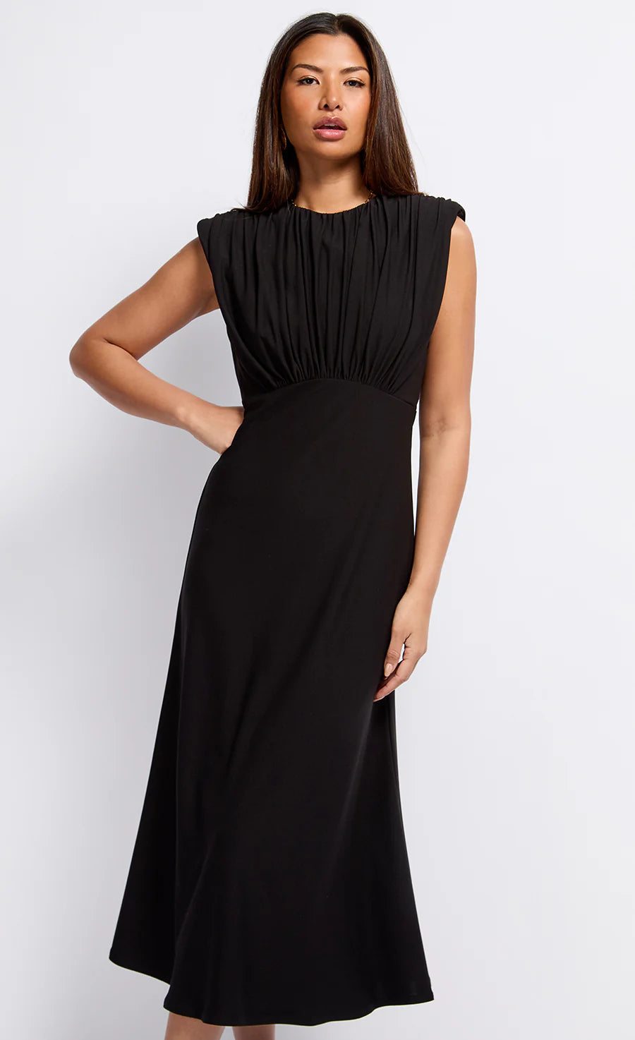 Maria Gathered Detail Dress for Women - Elegant Black Flowy Midi Dress with Ruffles | Perfect for Date Night, Wedding Guest, Cocktail Party & Special Occasions