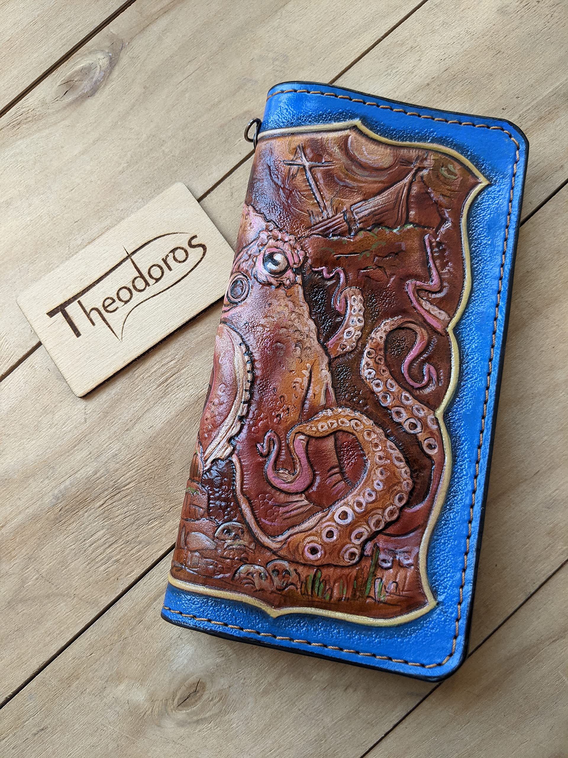 Handcrafted 3D Genuine Leather Men's Wallet - Biker Style Long Wallet with Intricate Octopus Carving & Custom Personalization | Perfect for Motorcycle Enthusiasts & Unique Gift Giving