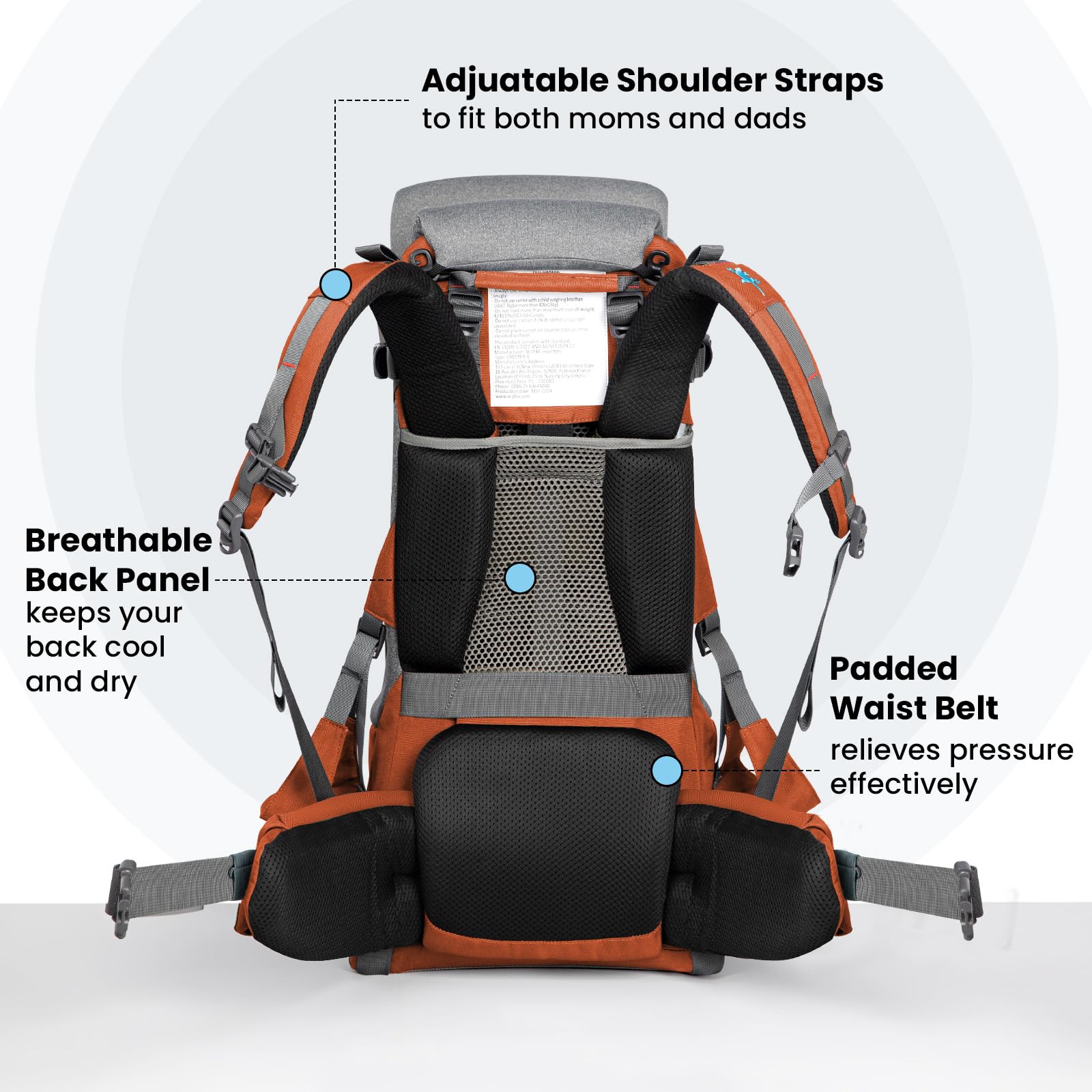 **WIPHA Ergonomic Baby Backpack Carrier for Hiking - Adjustable Padded Child Seat with Sun Canopy, Large Storage & Insulated Pocket - Safe Toddler Carrier (Orange) - Perfect for Outdoor Adventures, Travel & Family Walks**