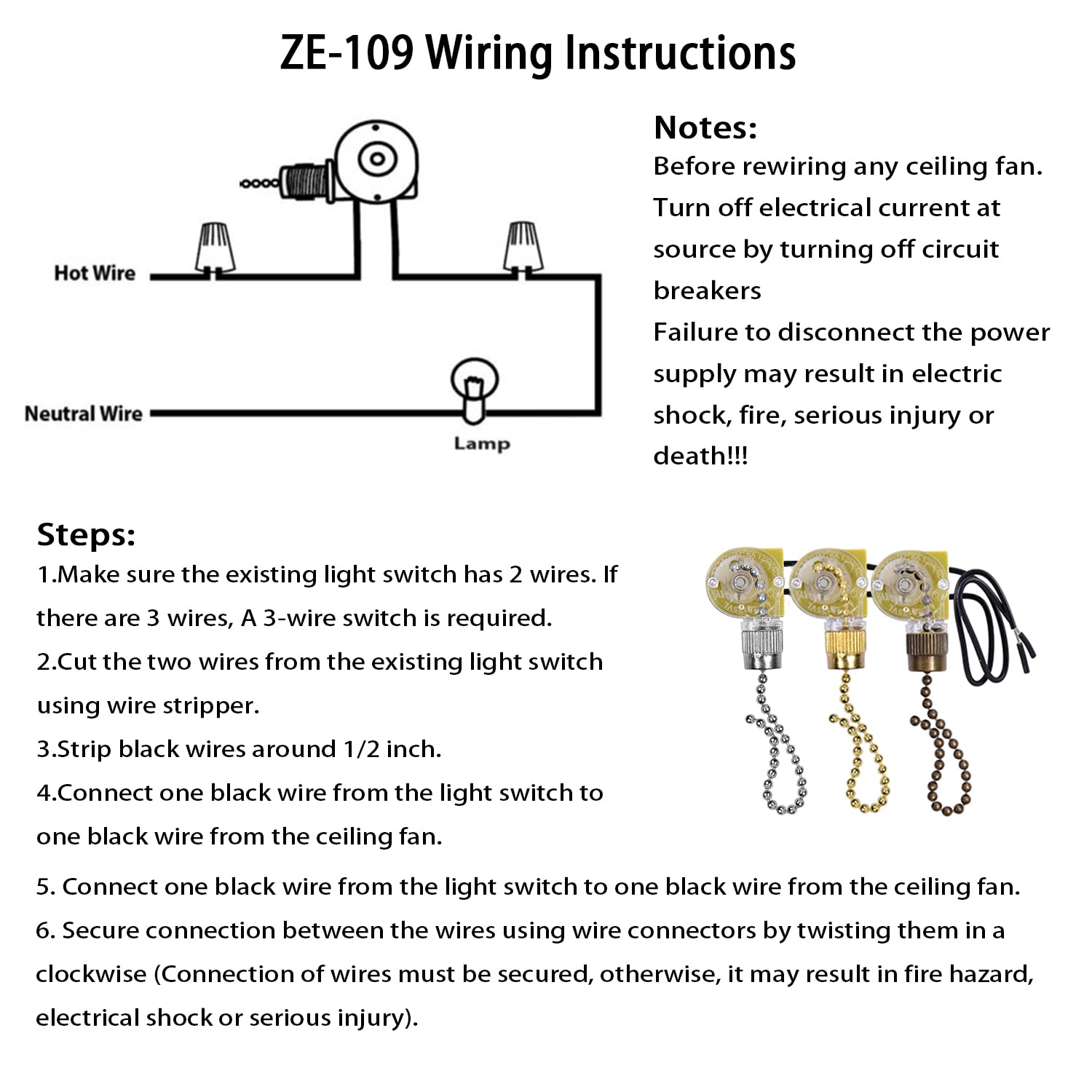 Zing Ear ZE-109 2-Wire Ceiling Fan Pull Chain Switch - Bronze On/Off Replacement Switch for Ceiling Fans, Lamps & Wall Lights (2-Pack) - Perfect for Bedroom, Living Room & Home Lighting Control
