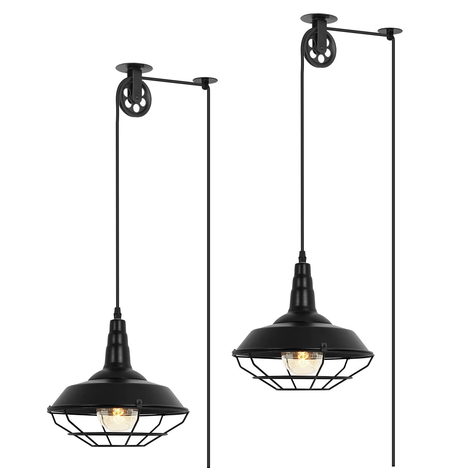 Vintage Industrial Farmhouse Black Metal Wire Cage Pendant Light - 2 Pack Plug-in Hanging Ceiling Light with 19.4ft Adjustable Cord & On/Off Switch - Perfect for Kitchen Island, Dining Room, Hallway, Foyer & Barn Lighting