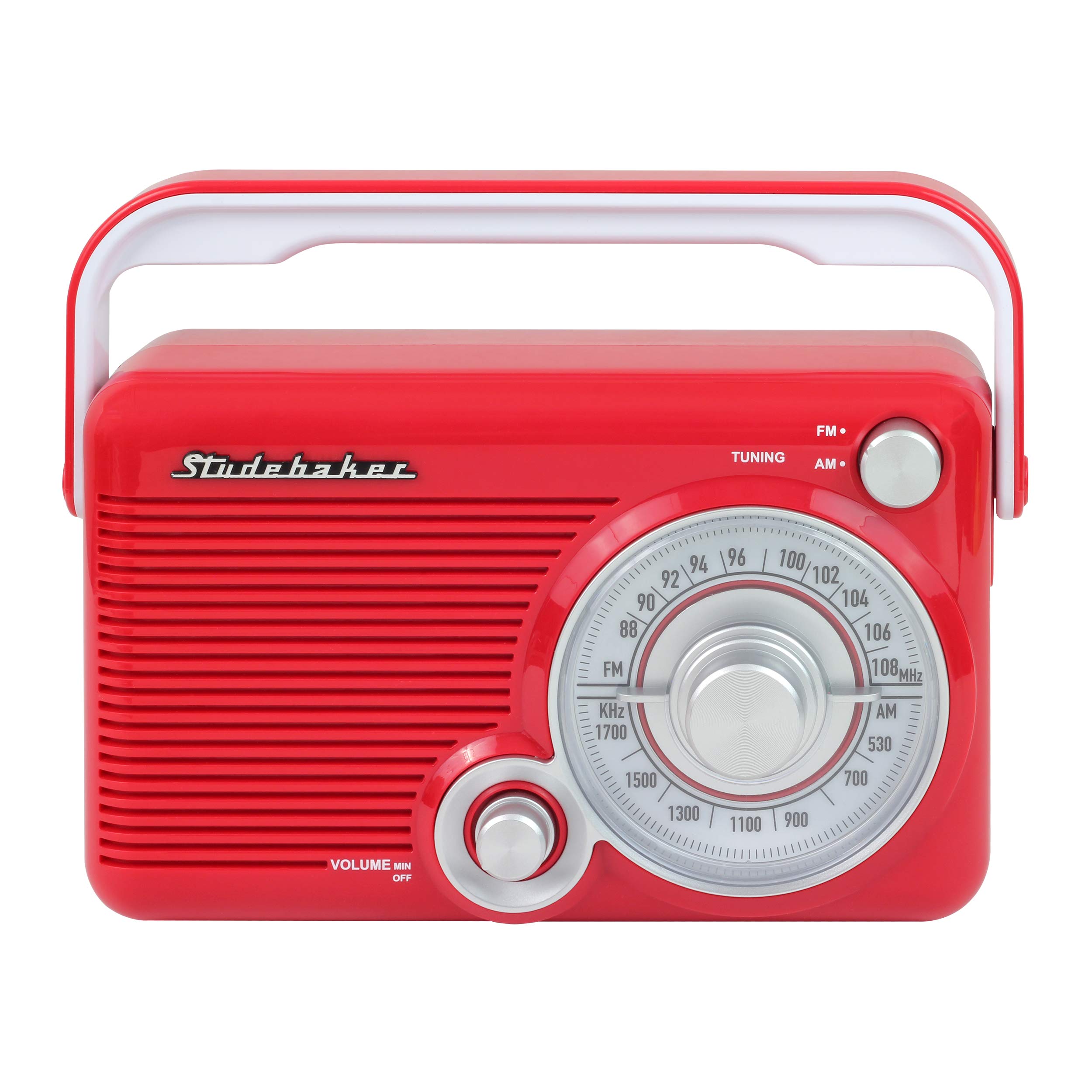 Studebaker SB2002RB Portable AM/FM Radio with Headphone Jack & Aux Input - AC/DC Power, Compact Design (Red/White) - Perfect for Camping, Emergencies & Outdoor Activities