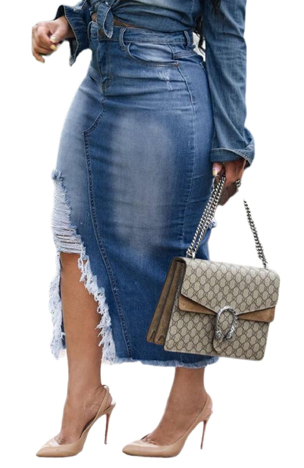 Women's High Waist Stretch Denim Midi Skirt with Side Slit & Pockets - Casual Frayed Hem Blue Jean Skirt for Everyday Wear, Date Night & Spring Outfits