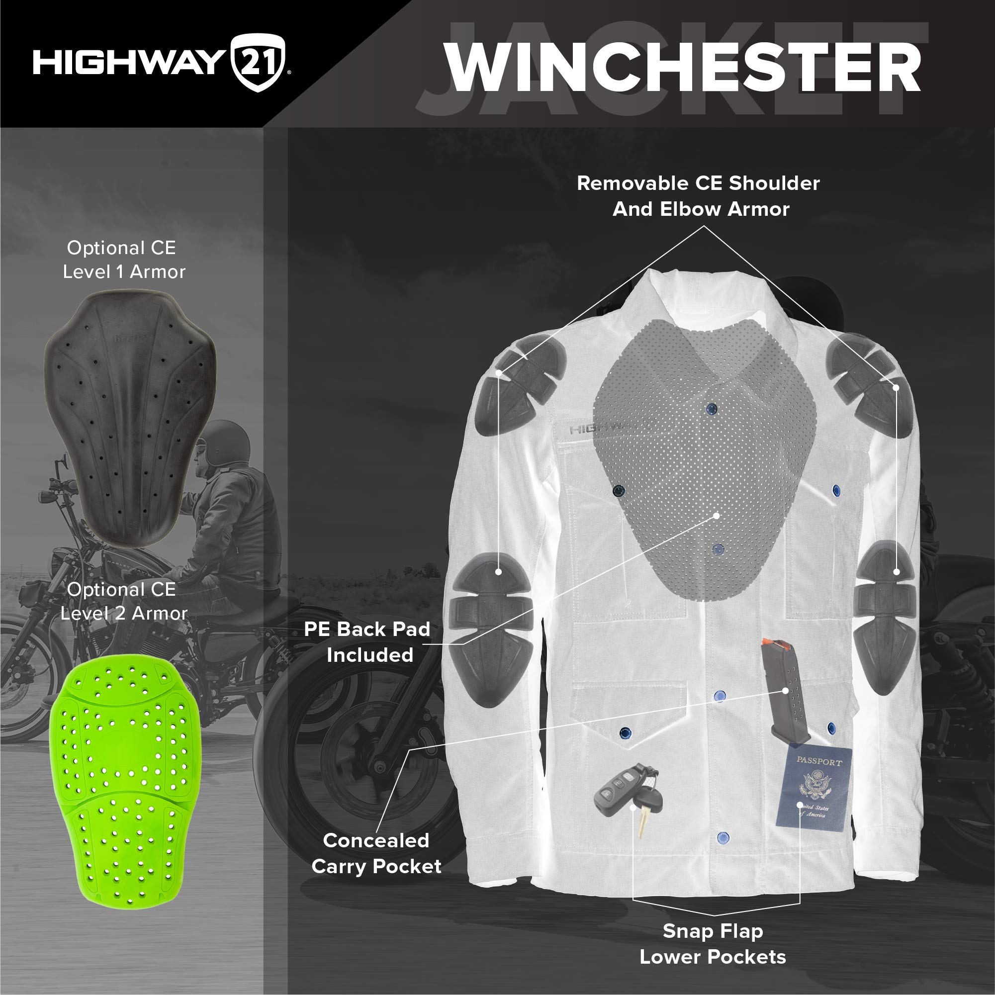 Highway 21 Winchester Men's Motorcycle Jacket - Durable Polyester-Nylon Riding Gear for Street Bikers - Perfect for Commuting, Road Trips & Urban Adventure Riding