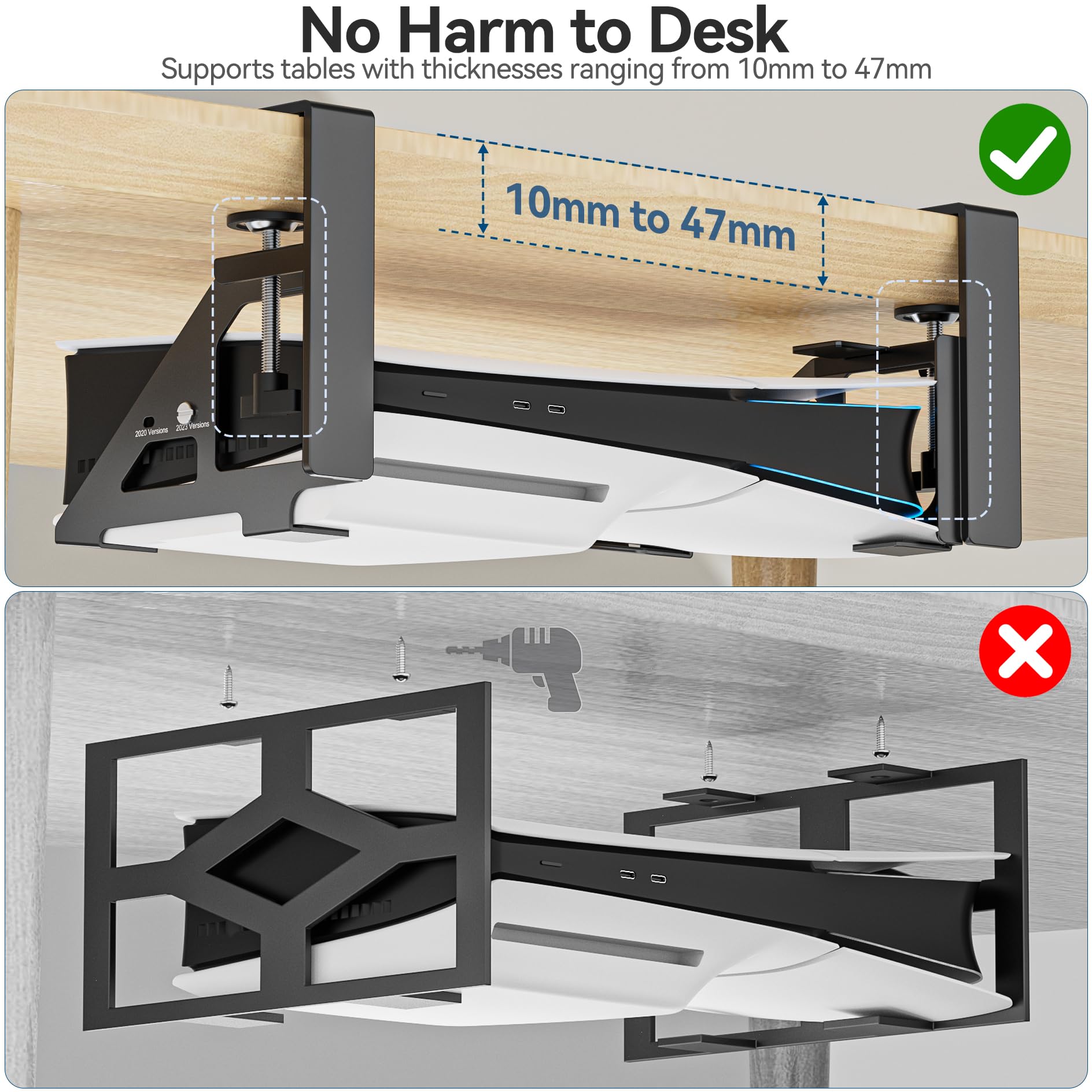 No-Drill Under Desk PS5 Mount for PS5 Slim & Digital Edition - Heavy Duty Metal Bracket with Clamp, Screws & EVA Foam - Perfect for Gaming Setups, Home Theaters & Office Spaces