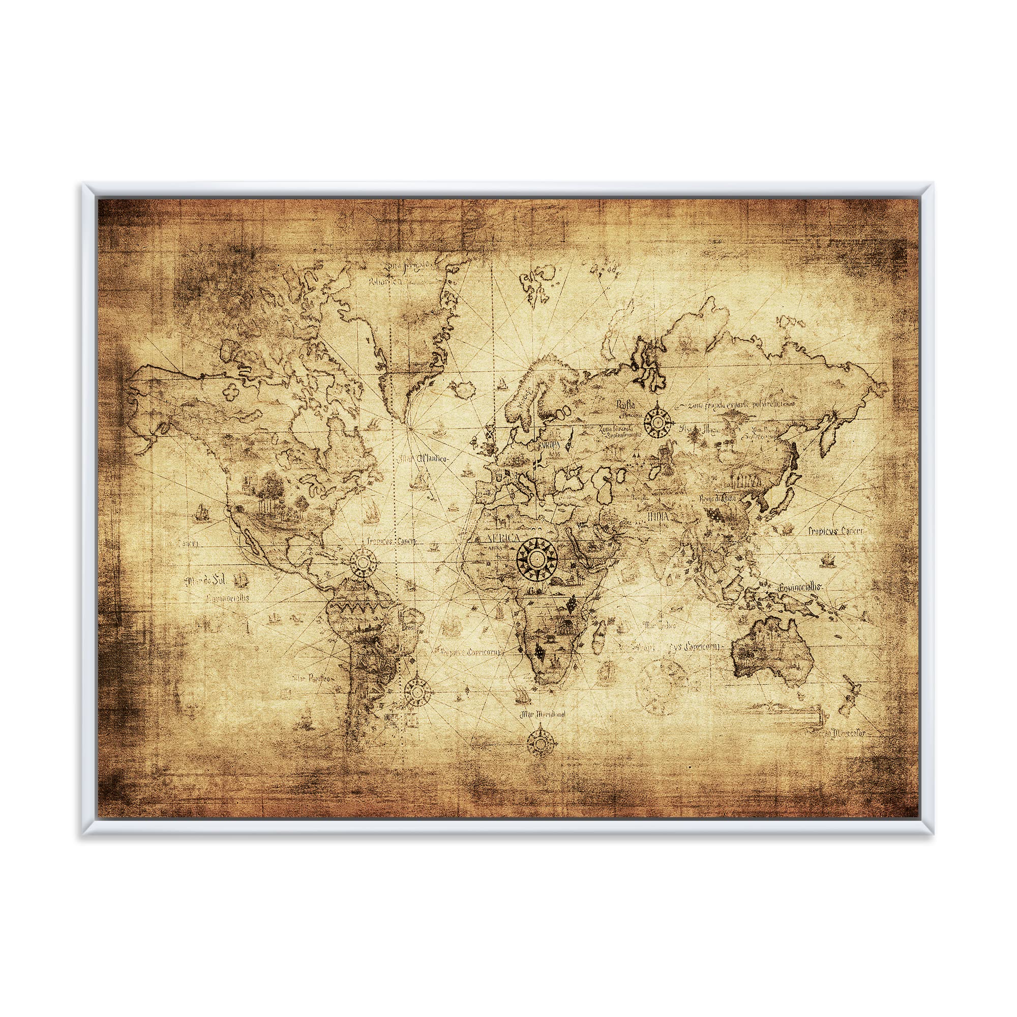 Vintage Framed Canvas Wall Art Print - Ancient World Map IV by DesignQ | Perfect for Home Office, Living Room & Study Decor