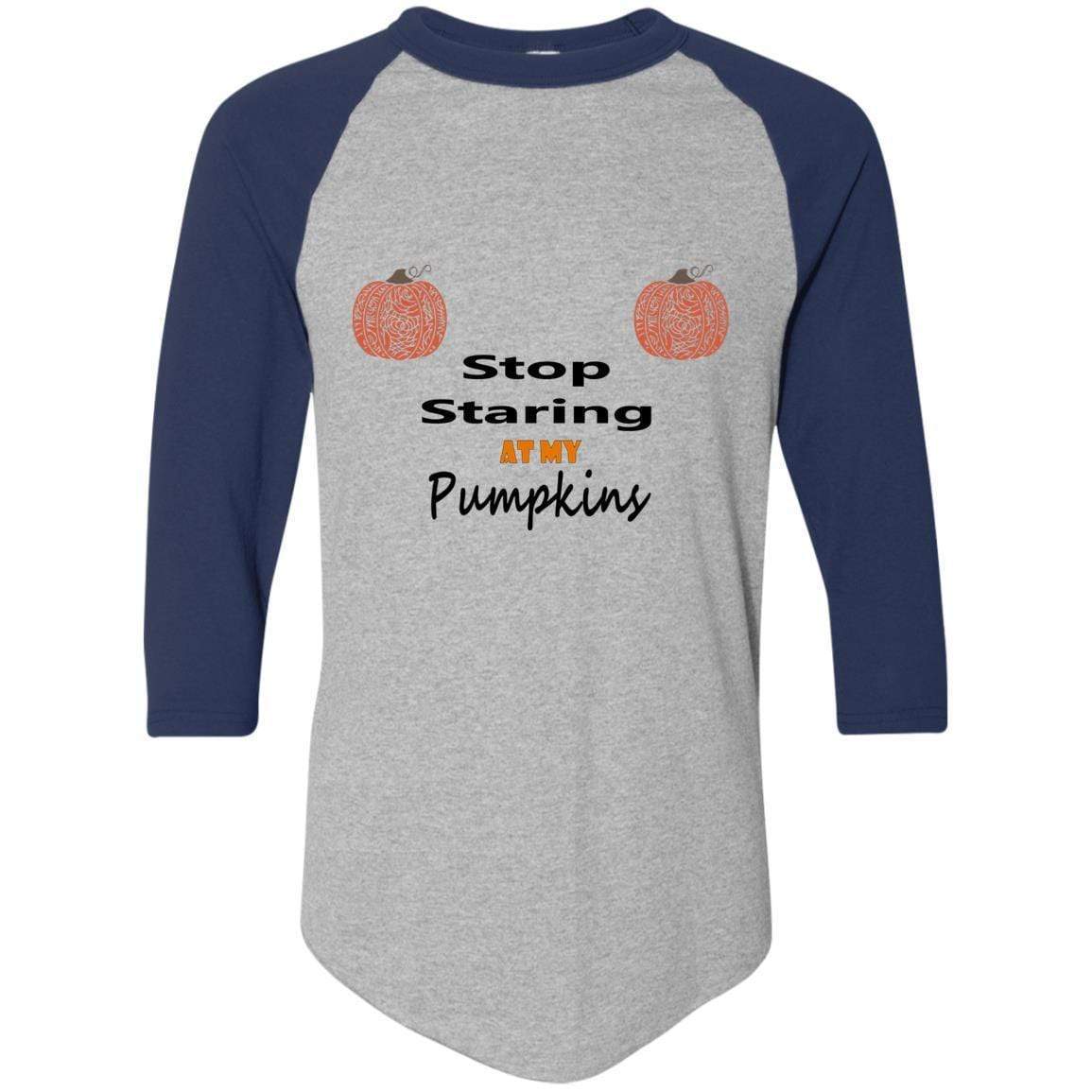 WineyBitches.Co Stop Staring At My Pumpkins Colorblock Raglan Jersey - Trendy Women's Fall Sweatshirt for Halloween, Thanksgiving & Cozy Seasonal Outfits