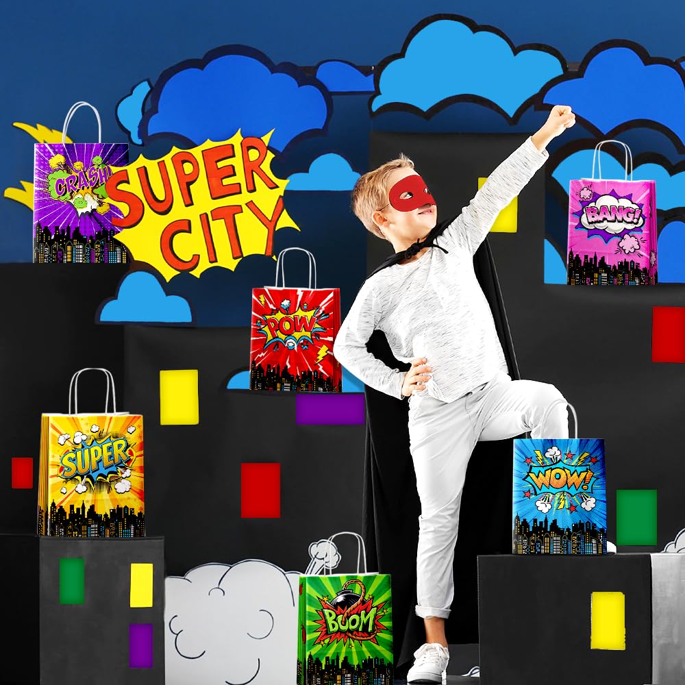 24 Pcs Hero Party Favor Bags with Handles - Comic Hero Theme Goodie Bags for Kids Birthday Party, Baby Shower & Special Events | Kraft Paper Gift Bags with Handles for Candy, Treats & Party Supplies | Perfect for Superhero Themed Decorations & Party Favors