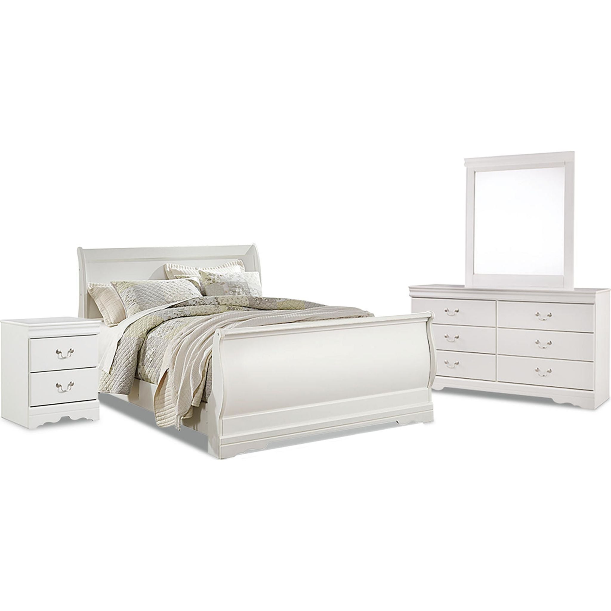 Anarasia 6-Piece Queen Sleigh Bedroom Set in White - Elegant Bed Frame, Nightstands & Dresser for Master Bedroom Decor
