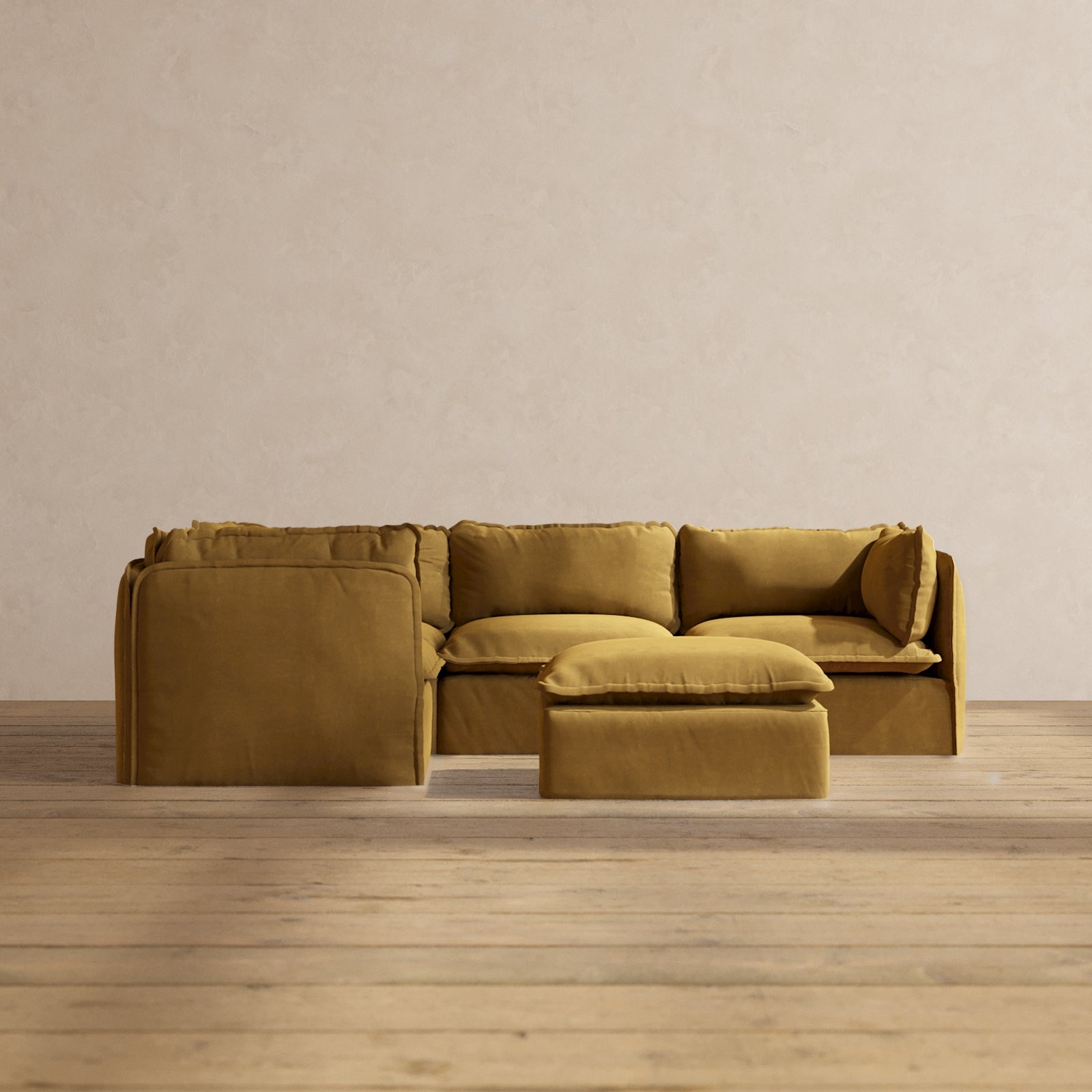 Modular Performance 4-Seater Corner Sectional Sofa with Ottoman in Toffee Brown | Relaxed Blend Fabric | Perfect for Living Room, Family Room & Home Theater Comfort