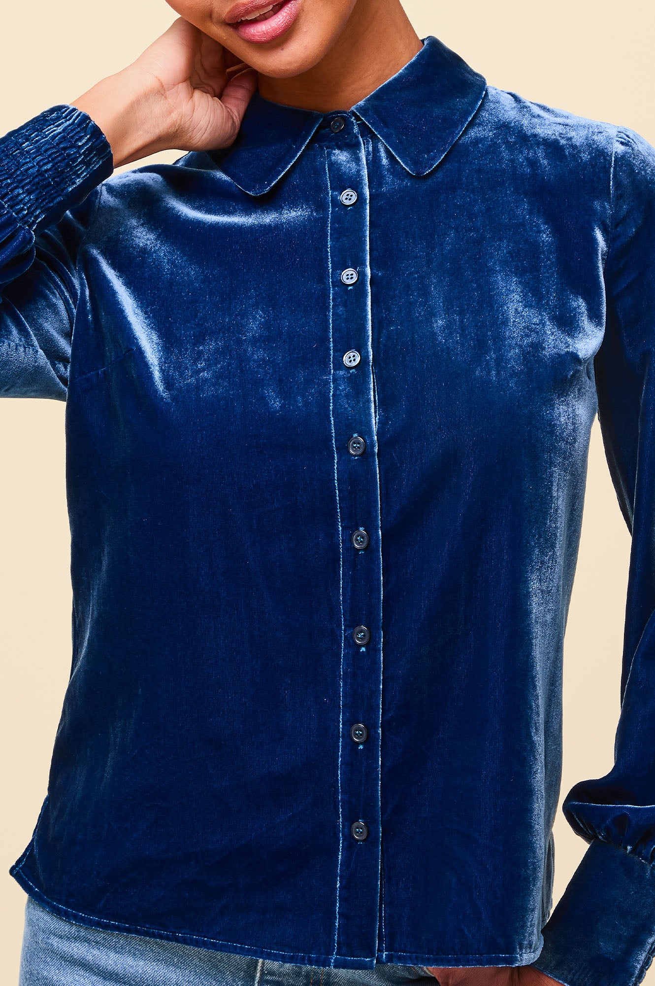 Ffion Velvet Shirt for Women - Soft Luxe Stretch Fabric, Blue Sapphire Color, Elegant Long Sleeve Blouse for Office, Date Night & Special Occasions
