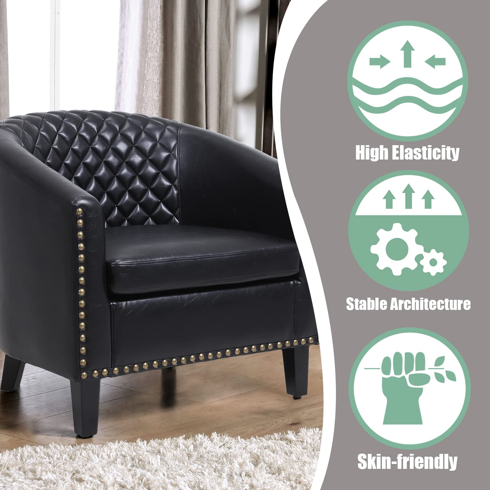 Modern Accent Chairs with Arms - Black PU Leather Upholstered Living Room & Bedroom Chair with Nailhead Trim, Solid Wood Legs & Removable Cushion - Perfect for Home Office, Reading Nook or Waiting Area