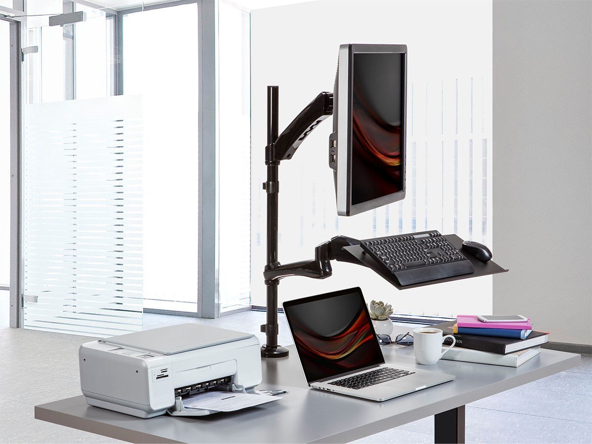 Monoprice Black 26 Inch Adjustable Gas Spring Sit Stand Monitor and Keyboard Riser Desk Mount - Ergonomic Workstation for Home & Office | Compatible with Most Desks | Perfect for Dual Monitor Setup and Standing Desk Work