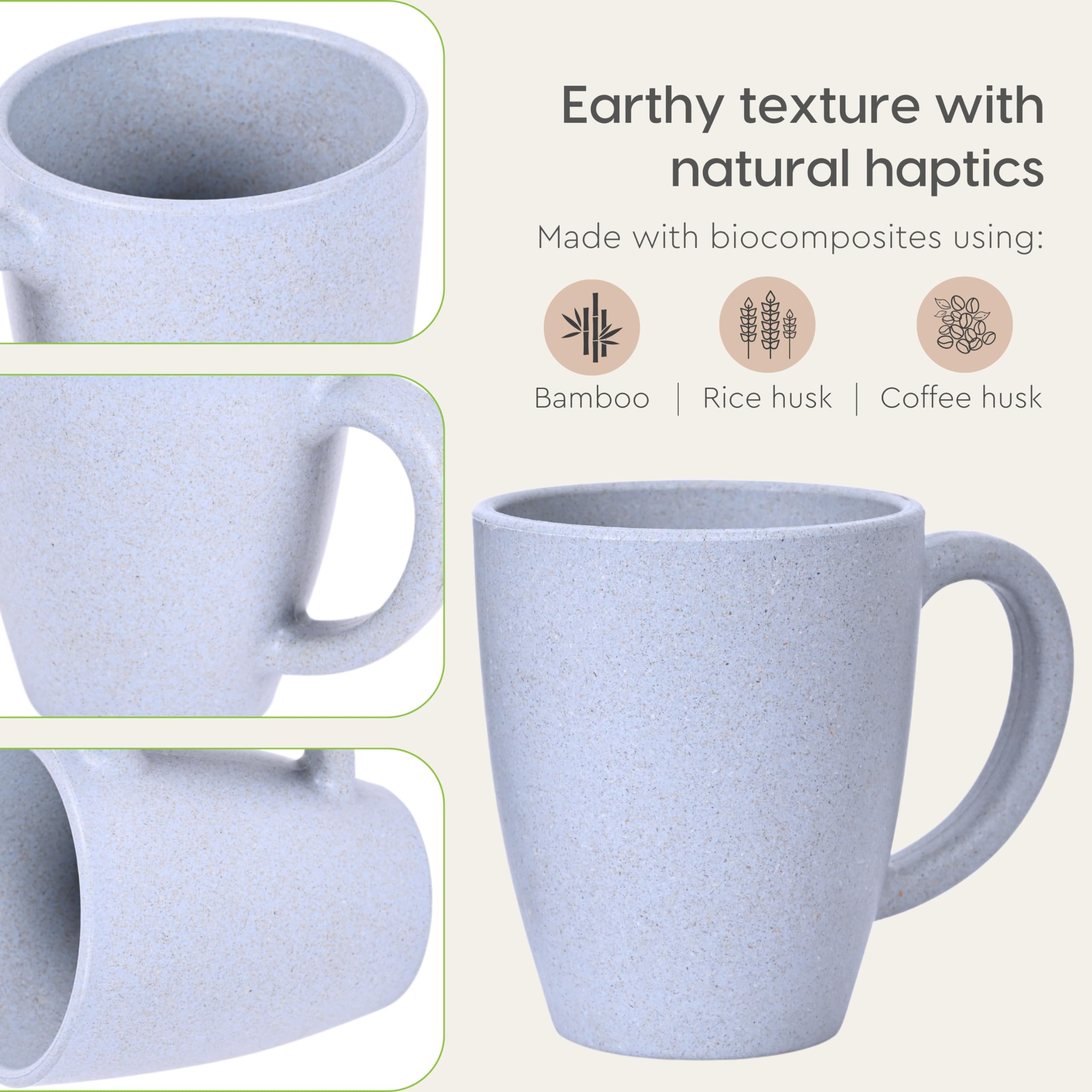 Eco-Friendly Set of 6 Classic Coffee Mugs | 300ml | Microwave Safe | Made with Sustainable Rice Husk & Bamboo Fibers | Matte Finish | Perfect for Hot Coffee, Cold Brew, Tea & Milk | Ideal for Home, Office & Gifts (Pack of 6, Azure)