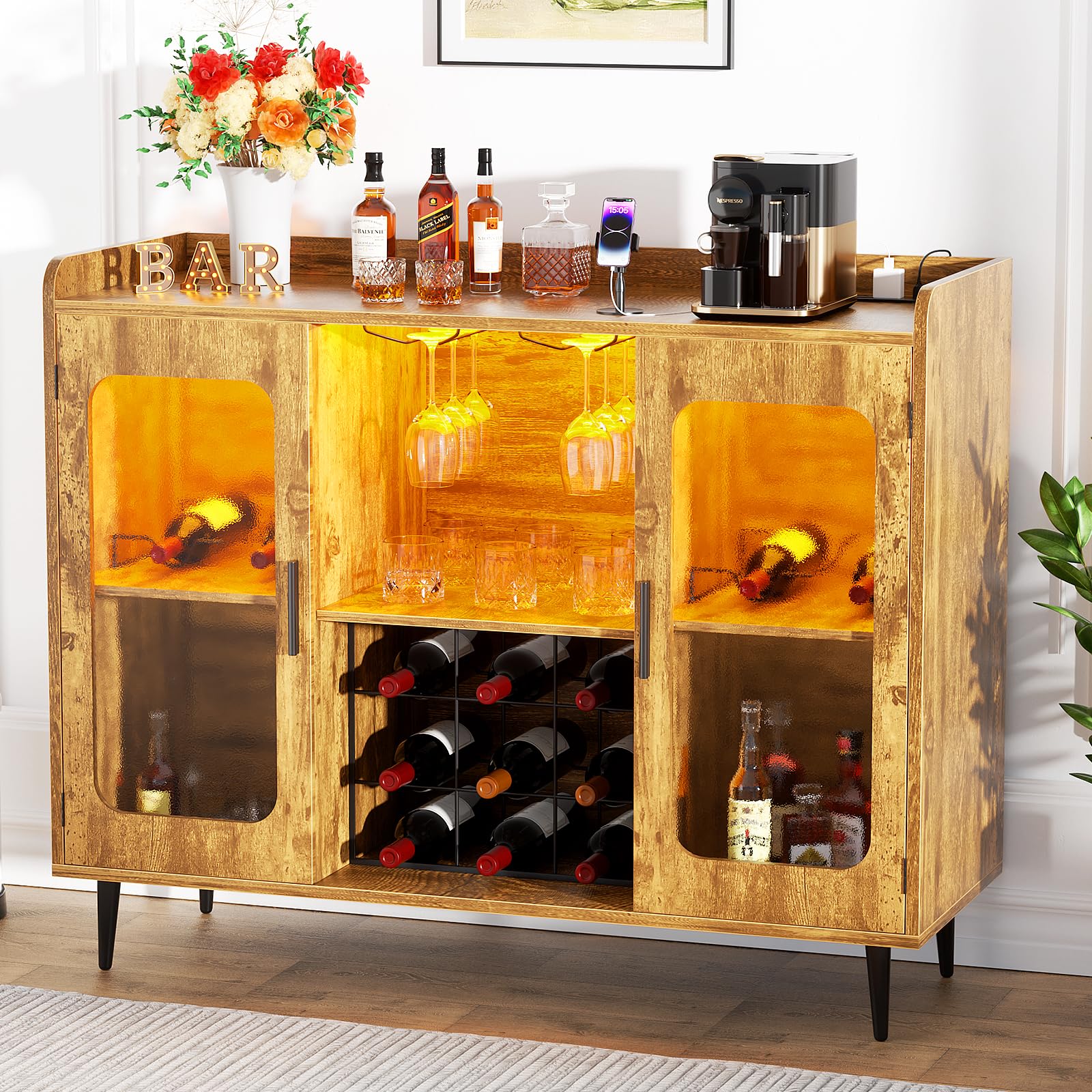 Modern Liquor Cabinet Bar with Built-in Power Outlet & LED Lighting - Wine Storage Cabinet with Glass Rack, Coffee Bar Station, Buffet Sideboard with Storage Shelves for Kitchen & Dining Room - Rustic Brown Finish - Perfect for Home Entertaining & Small Space Organization