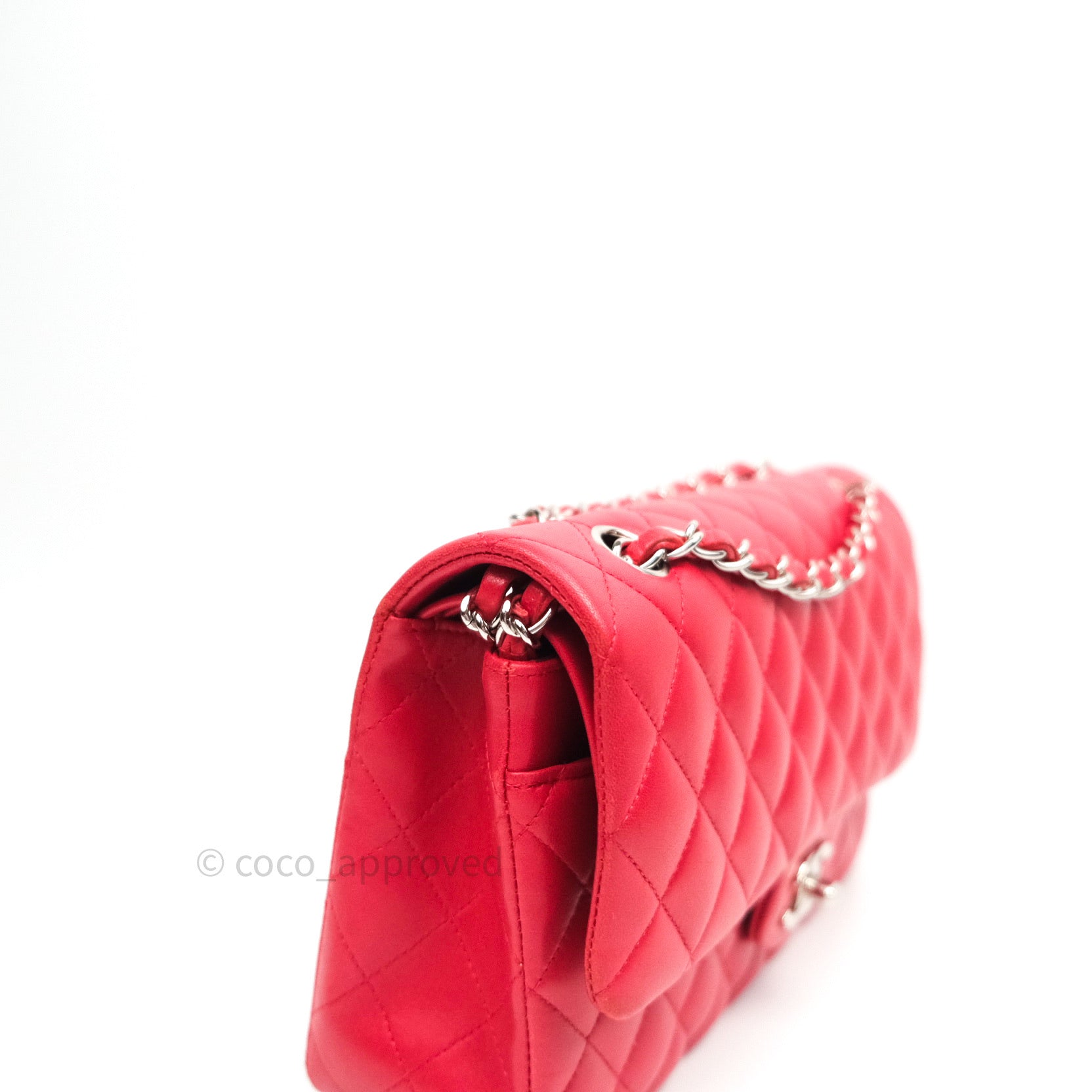 Chanel Classic Medium Double Flap Bag - Red Lambskin Leather with Silver Hardware | Luxury Handbag for Women, Perfect for Date Night & Special Occasions