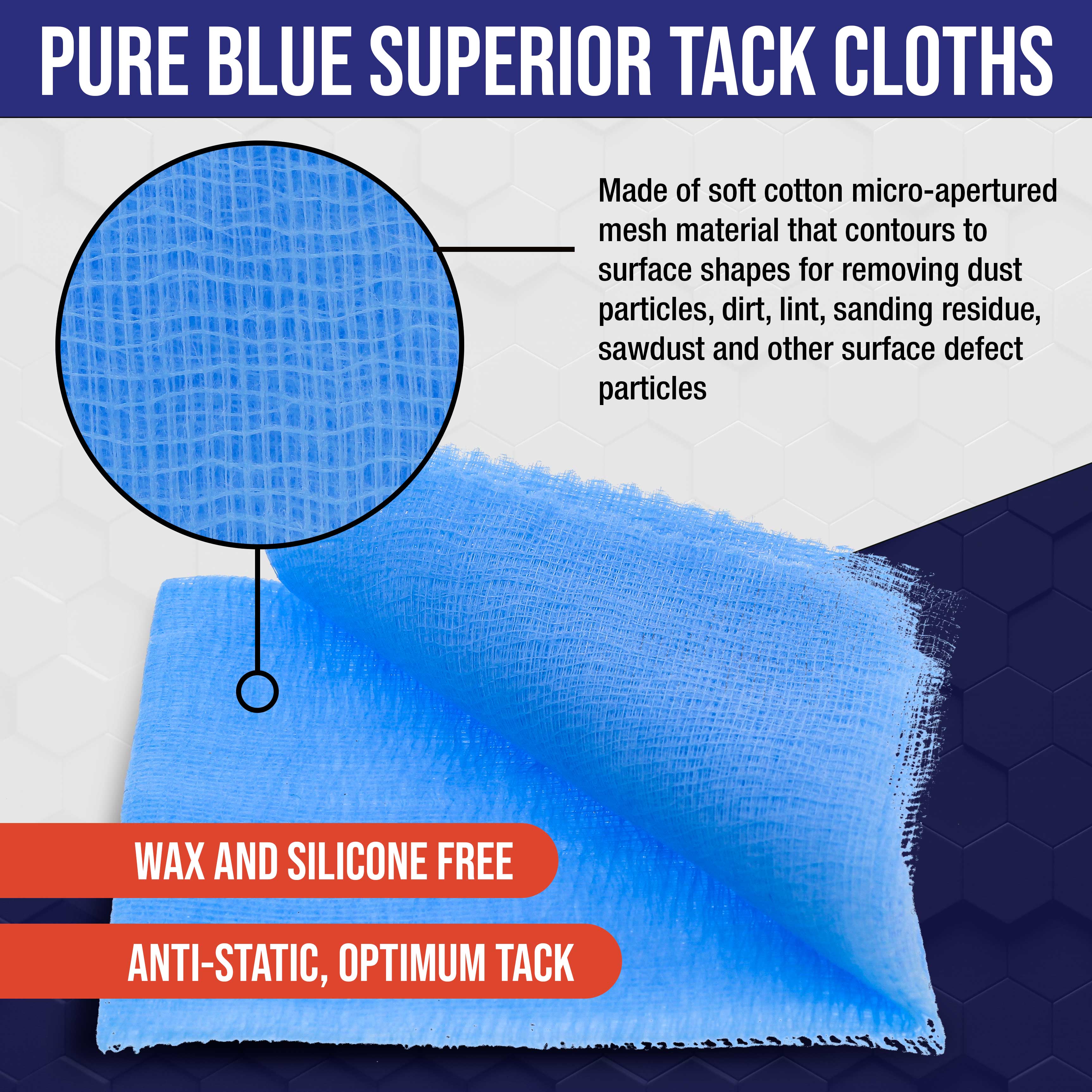 Pure Blue Superior Tack Cloths (Box of 6) - Professional Grade Automotive Tack Rags for Car Painters | Dust & Sanding Particle Remover, Surface Cleaner | Wax-Free, Silicone-Free & Anti-Static | Perfect for Auto Body Prep, Woodworking & Metal Finishing