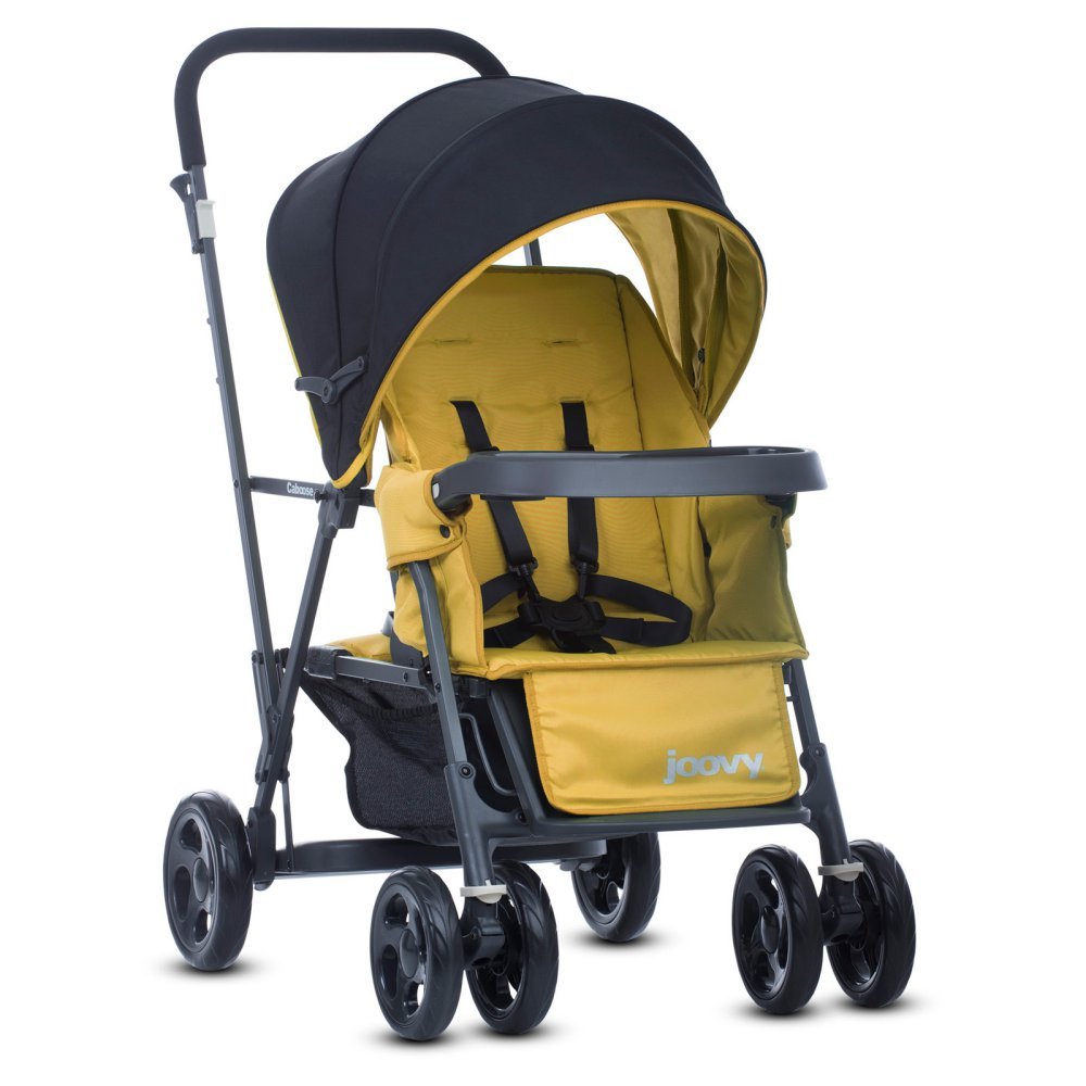 Joovy Caboose Sit and Stand Double Stroller - 3-Way Reclining Seats with Rear Bench & Standing Platform | Universal Car Seat Adapter | Amber | Perfect for Twins, Siblings & Urban Outings