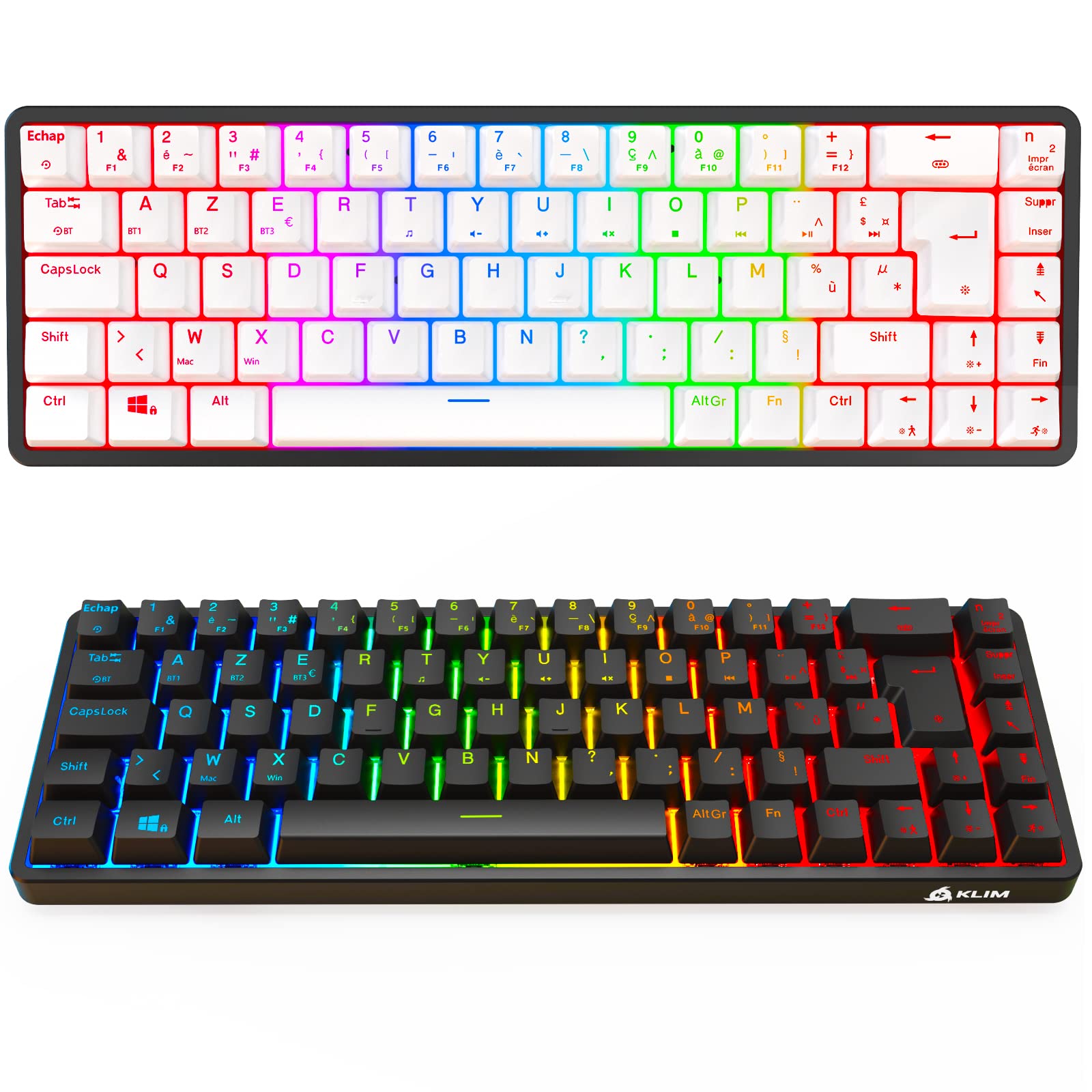 KLIM Shift 60% Wireless Mechanical Gaming Keyboard - AZERTY Layout, RGB Backlit, 69 Spare Keys - Compact TKL Design for PC, Mac, PS4, PS5 - Perfect for Gaming & Office Work (Black & White)