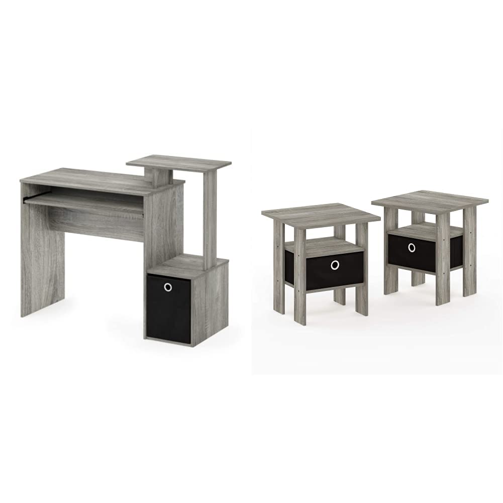 Furinno Econ Computer Desk and End Tables Set - French Oak Grey - Home Office & Living Room Furniture for Small Spaces