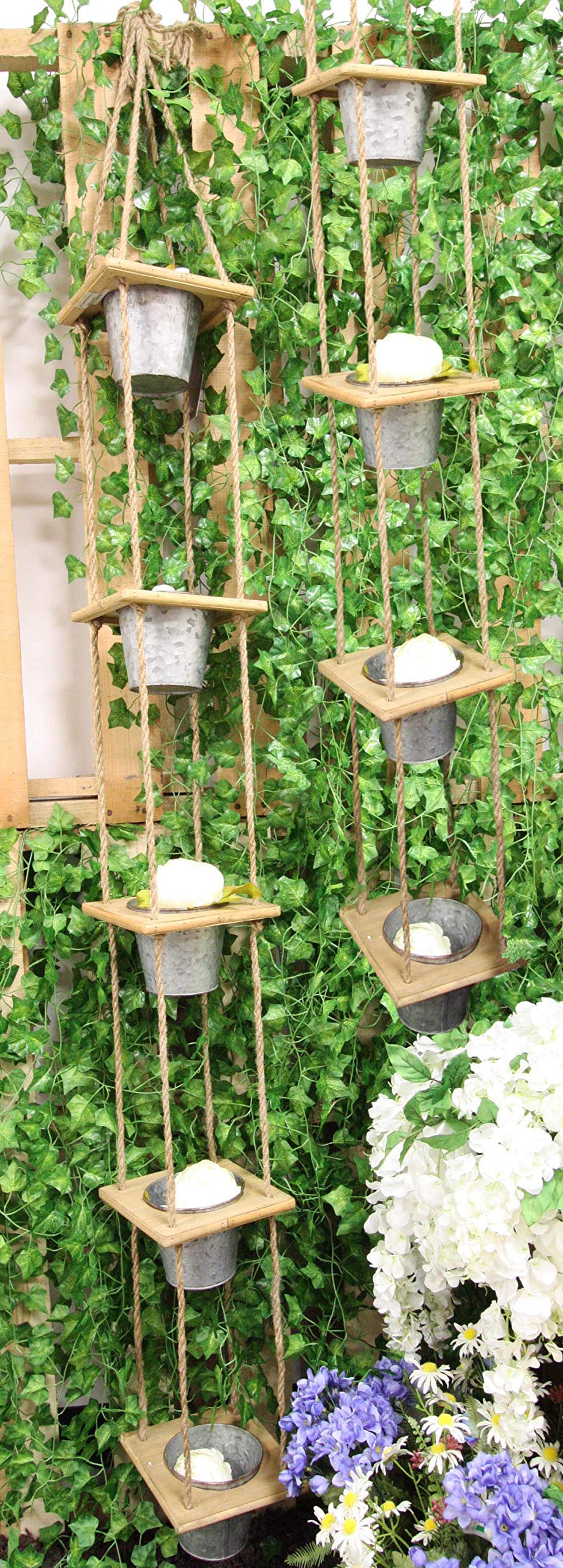 Ebros Set of 2 Galvanized Metal 5-Tier Hanging Planters – Indoor/Outdoor Macrame Rope Plant Pots for Succulents, Greenery – Perfect for Garden, Patio, Poolside & Lawn Decor