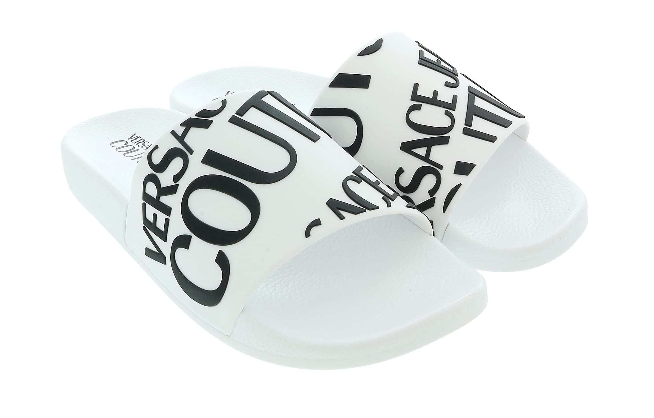 Versace Jeans Couture Women's White Signature Pool Slides - Luxury Summer Sandals for Beach, Pool & Vacation Wear