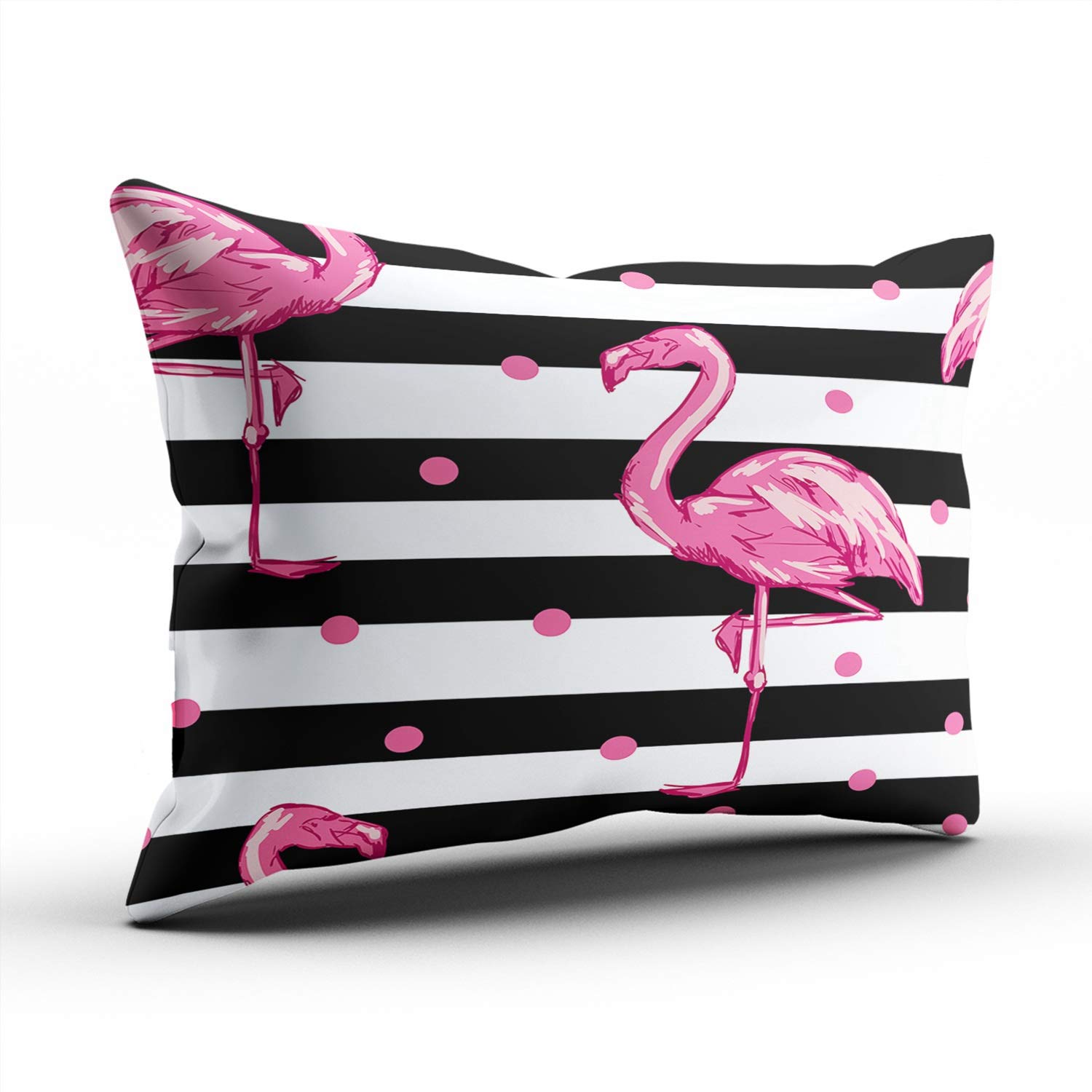 Pink Flamingo on Black & White Stripes Throw Pillow Cover - 12x20 Inches Single-Sided Decorative Lumbar Pillow Case for Sofa, Bed, Couch - Perfect for Living Room, Bedroom & Home Decor (Set of 1)