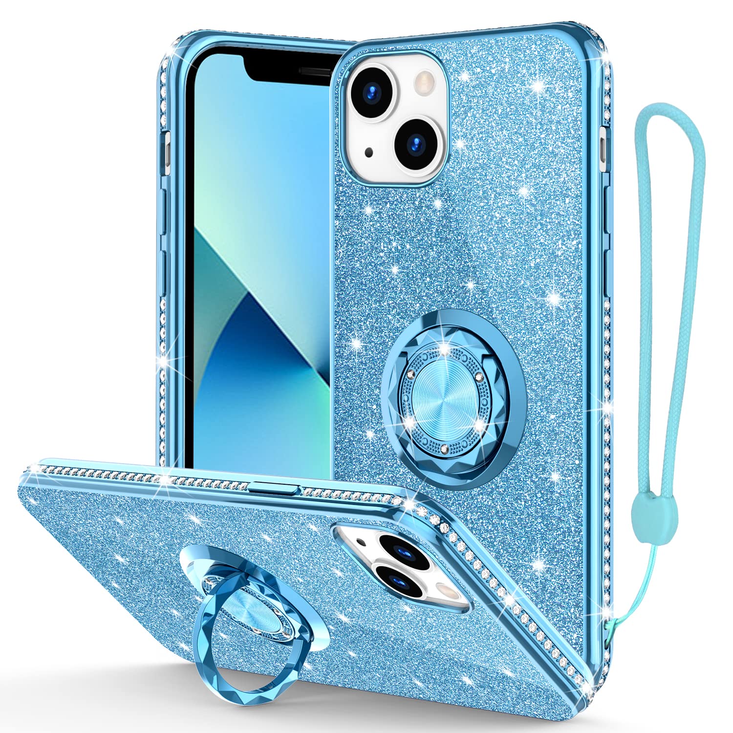 Bostone iPhone 13 Case 6.1 Inch - Luxury Glitter Protective Phone Cover with Ring Holder Stand, Shockproof TPU Case for Women & Girls (Blue) - Perfect for Daily Use, Work, and Travel