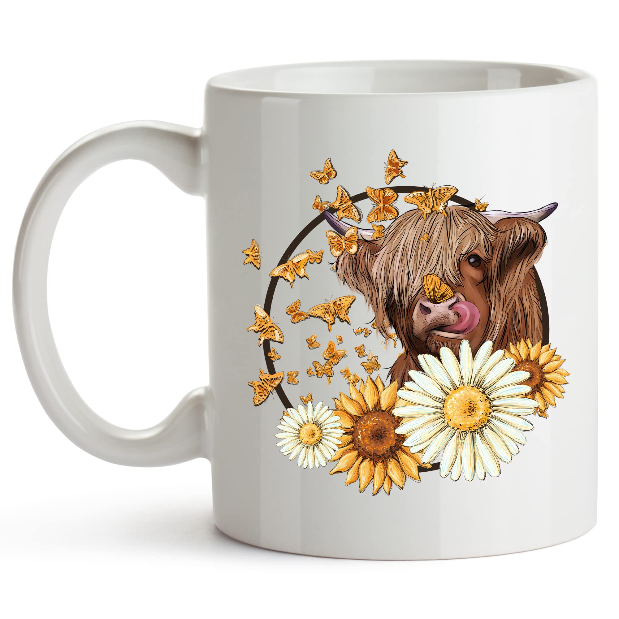 YouNique Designs 11oz Highland Cow Coffee Mug - Cute Cow Print Ceramic Cup for Women, Farmhouse Style White Cow Themed Mug - Perfect for Coffee, Tea, Hot Chocolate & Farmhouse Decor