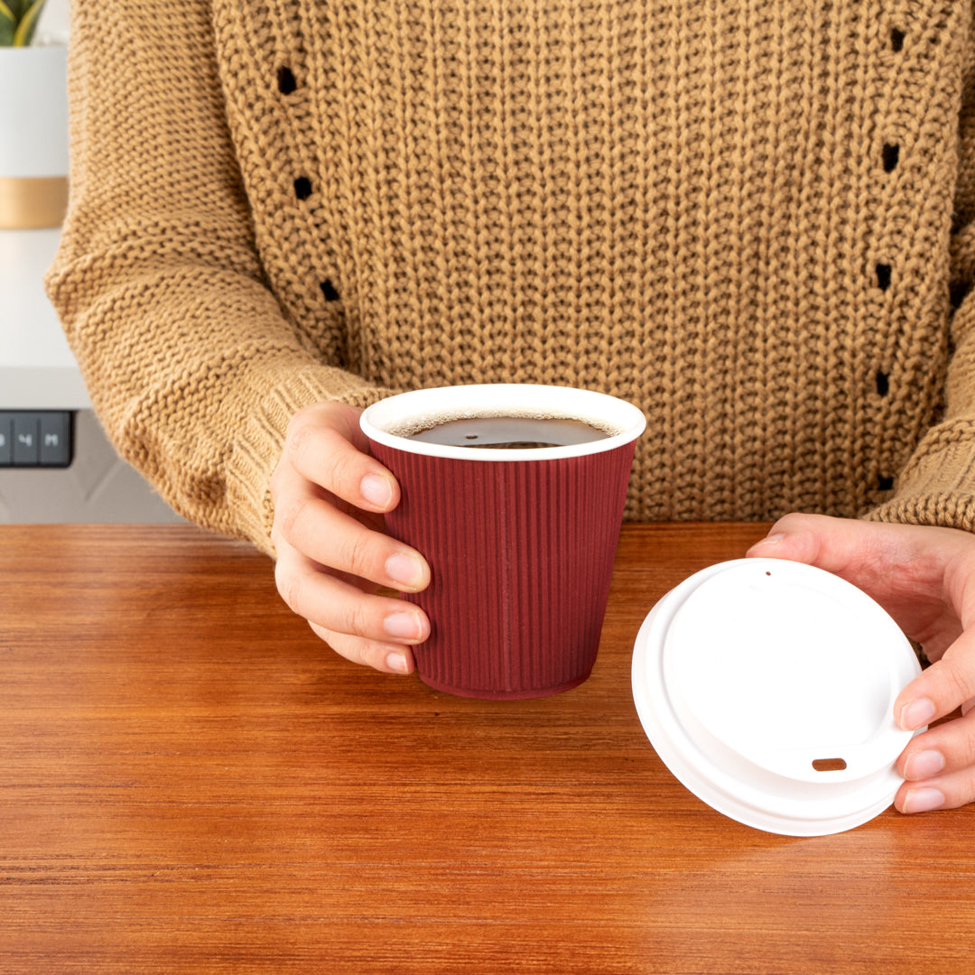 8 oz Crimson Disposable Paper Coffee Cups with Ripple Wall Design - 3.5