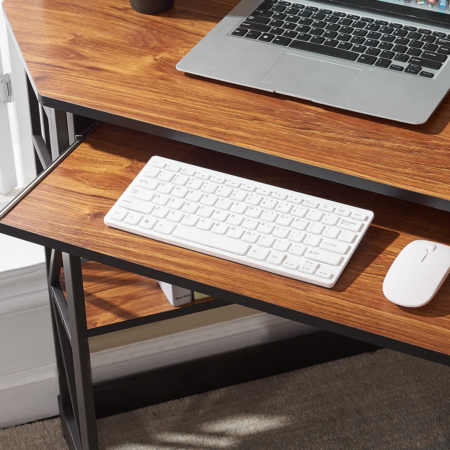 VECELO Compact Corner Desk - Home Office Computer Desk with Smooth Keyboard Tray & Storage Shelves, Space-Saving Triangle Writing Table in Teak Finish | Perfect for Small Spaces, Dorm Rooms & Apartment Workstations
