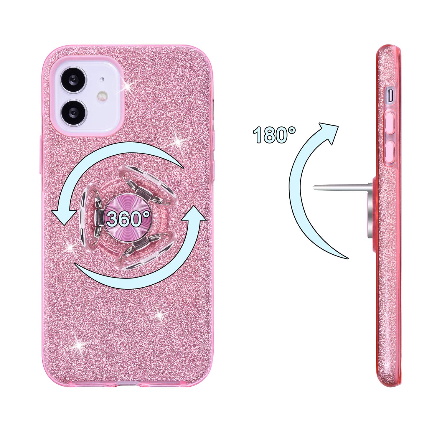 Wisdompro Sparkle Glitter Protective Phone Case with Ring Kickstand for iPhone 12 Mini 5.4 Inch - Pink, Cute Bling Design for Women & Girls | Perfect for Everyday Use, Parties, and Gifting
