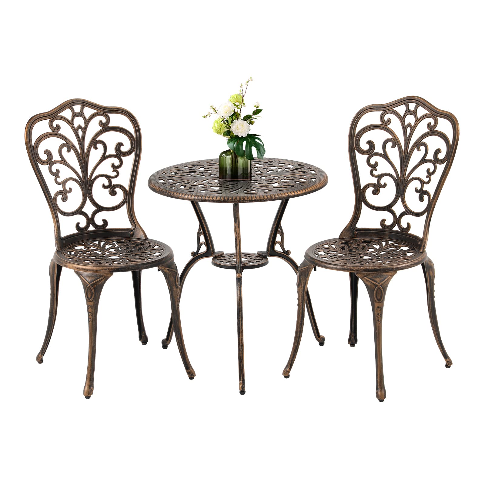 COBANA 3-Piece All-Weather Outdoor Bistro Set - Bronze Cast Aluminum Patio Dining Table & Chairs with 2” Umbrella Hole | Perfect for Garden, Balcony, Poolside & Small Outdoor Spaces
