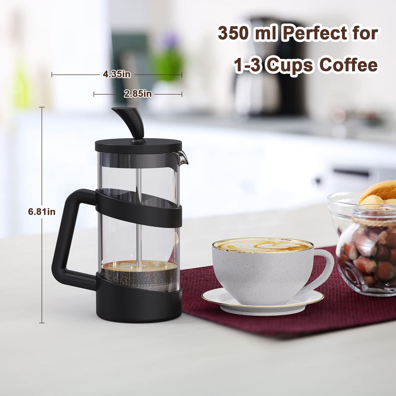 RAINBEAN Mini French Press Coffee Maker 12 oz (350ml) - Portable Travel & Camping Coffee Brewer, Compact Stainless Steel French Press for Hot & Iced Coffee, Tea & Frothed Milk - Perfect for Home, Office & Outdoor Adventures (Black)
