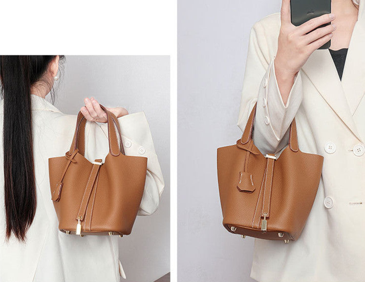 Stylish Genuine Leather Bucket Bag for Women - Trendy Crossbody Shoulder Handbag - Perfect for Work, Travel & Everyday Use