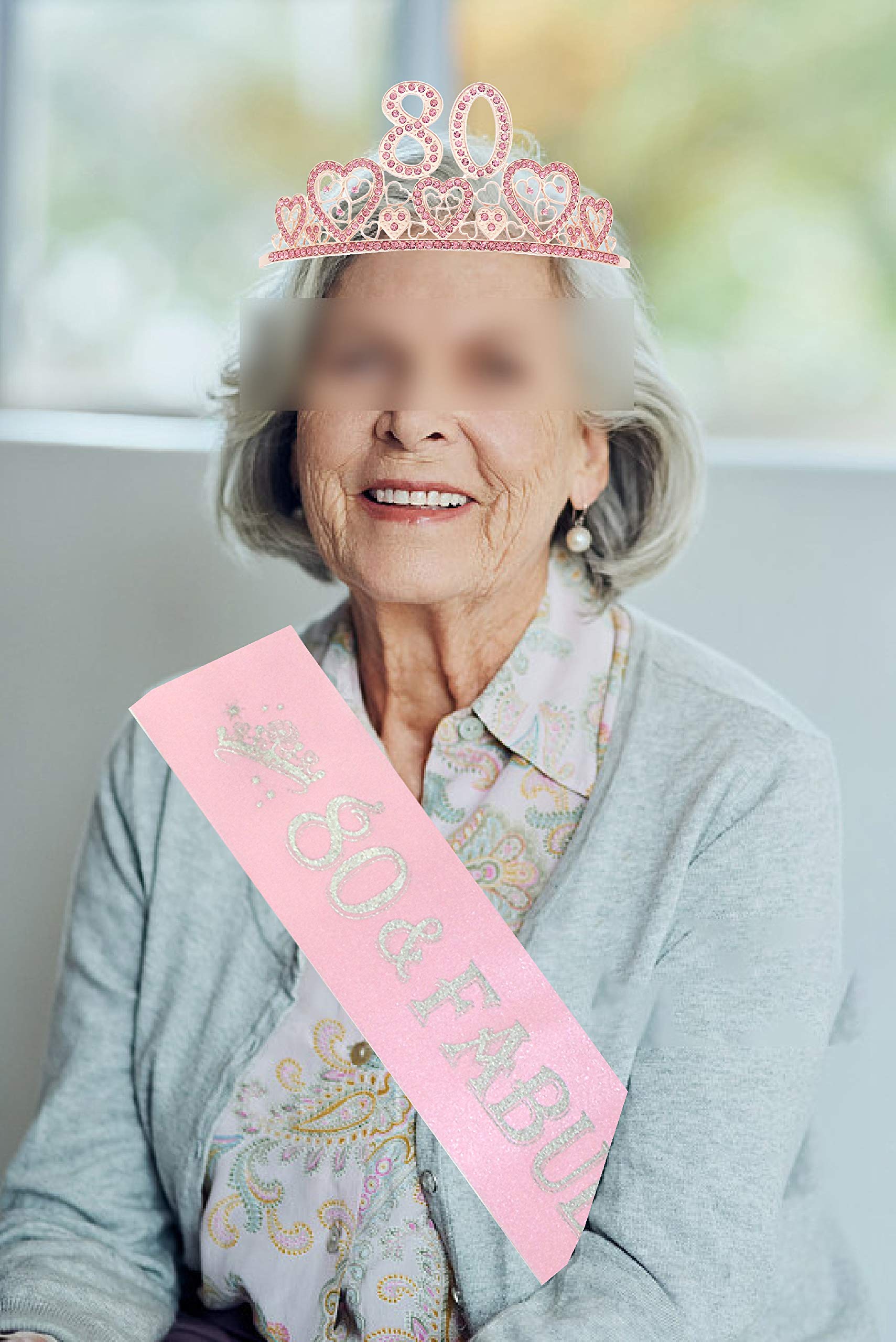 80th Birthday Sash and Tiara Set for Women - Glitter Sash with Rhinestone Hearts & Pink Metal Tiara | Perfect 80th Birthday Gift for Queen of Celebration | Great for Milestone Parties, Birthday Photos & Special Occasions