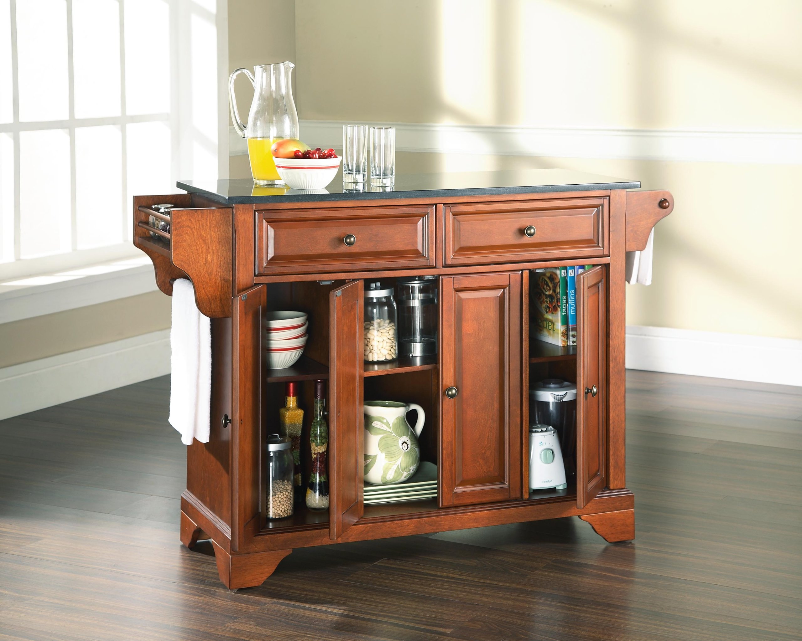 Crosley Lafayette Granite Top Rolling Kitchen Island Cart with Storage - Microwave Stand, Spice Rack, Cherry Finish - Perfect for Small Kitchens, Pantry Organization & Extra Counter Space