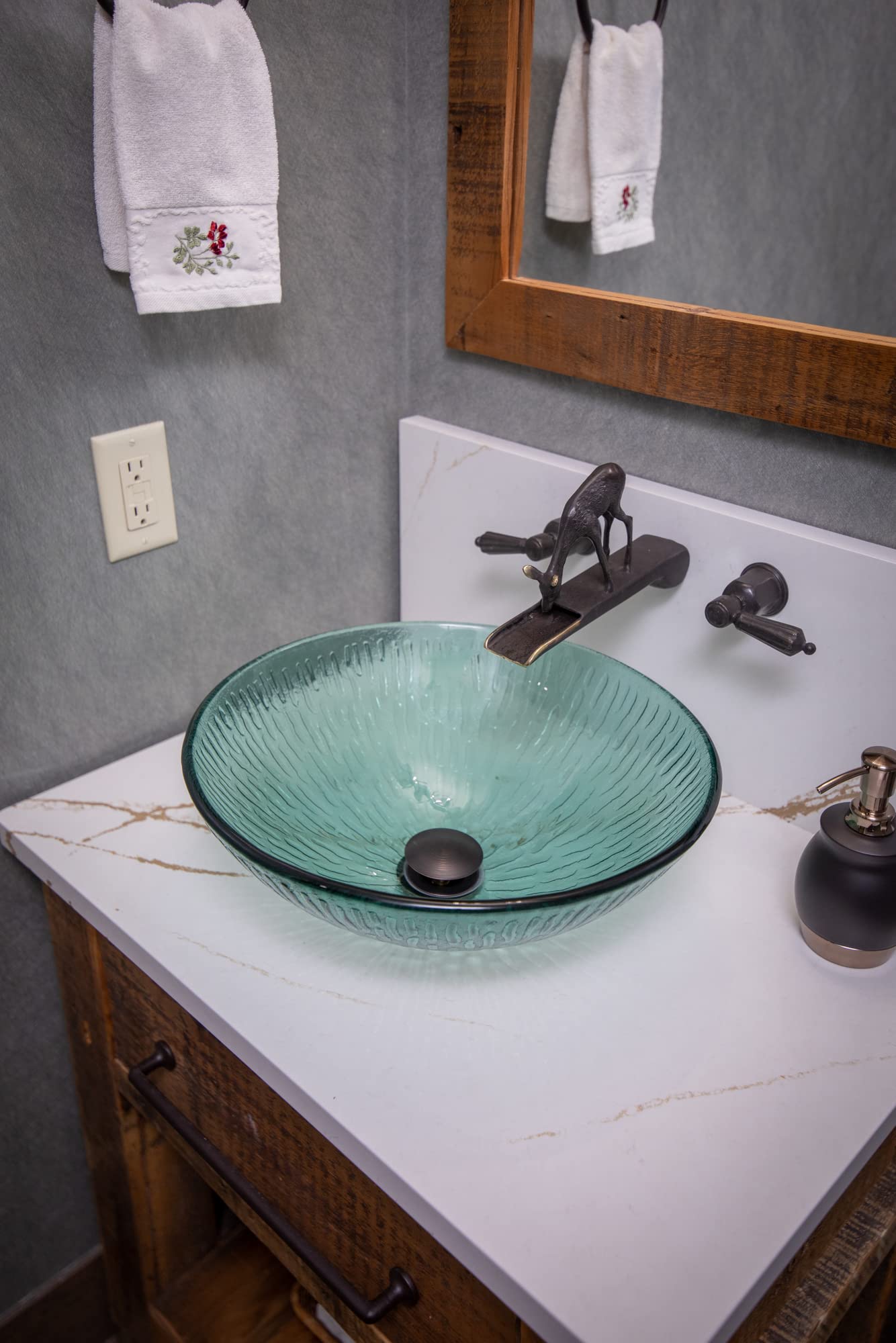Round Glass Vessel Sink for Bathroom - Modern Green Drops Design, Above Counter Basin for Vanity, Perfect for Contemporary Home Decor & Spa Style Bathrooms