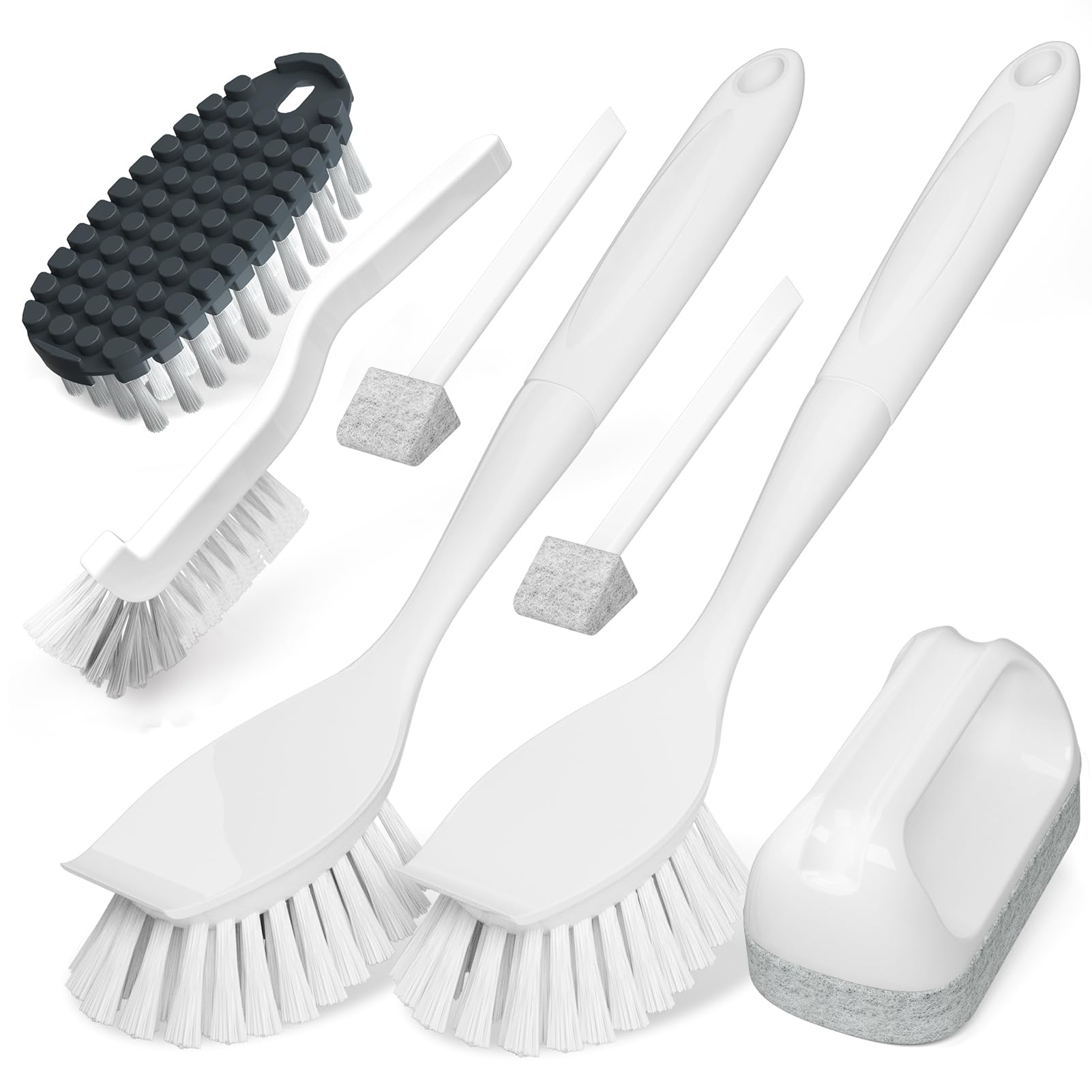 Holikme 7-Piece Dish Cleaning Brush Set - Scouring Pads, Kitchen Scrub Brushes, Bendable & Gap Cleaners for Pots, Pans, Sinks - Durable White Cleaning Tools for Easy Dishwashing & Stain Removal