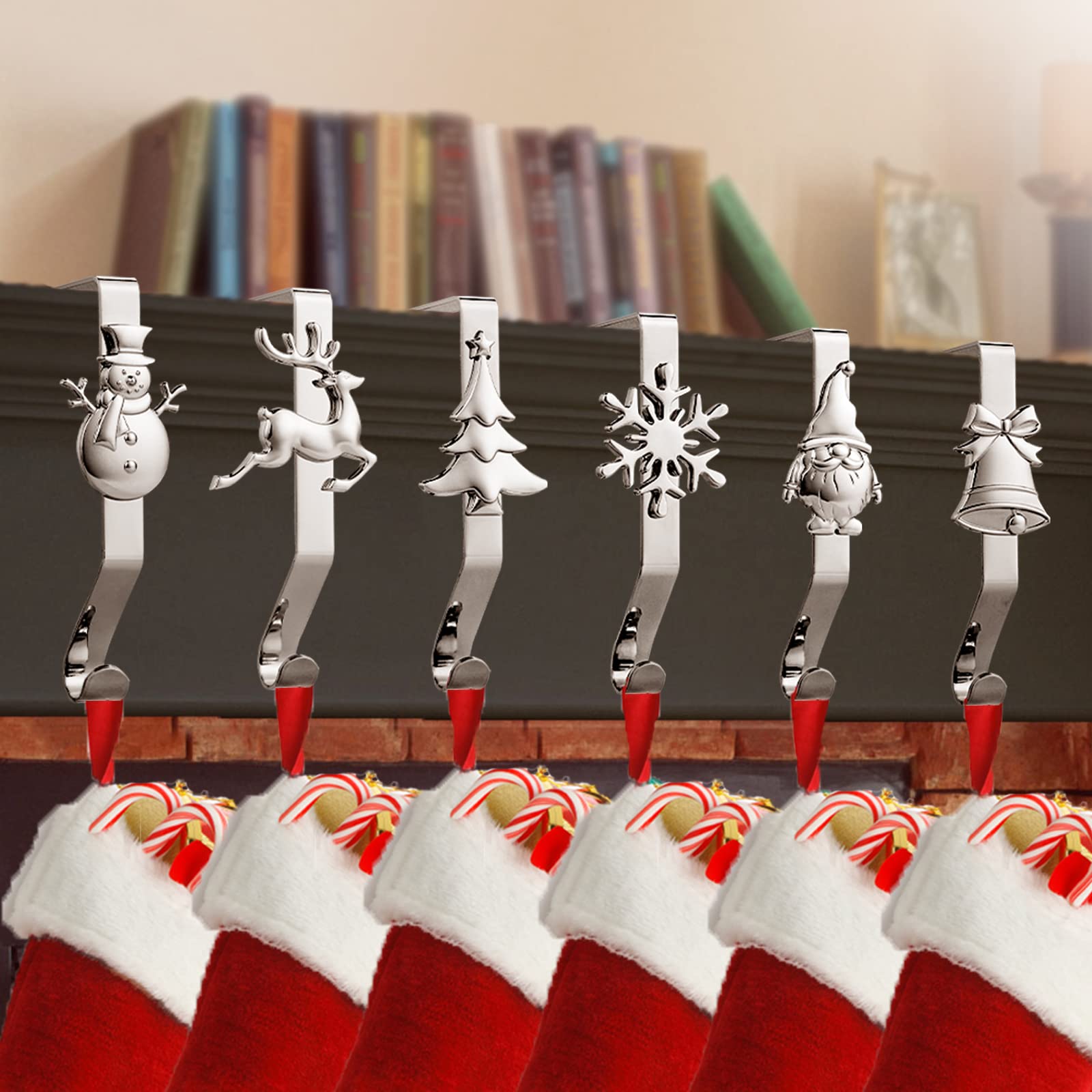 Christmas Stocking Hangers Set of 6 - Silver Snowflake Reindeer Hooks for Fireplace Mantel Decor