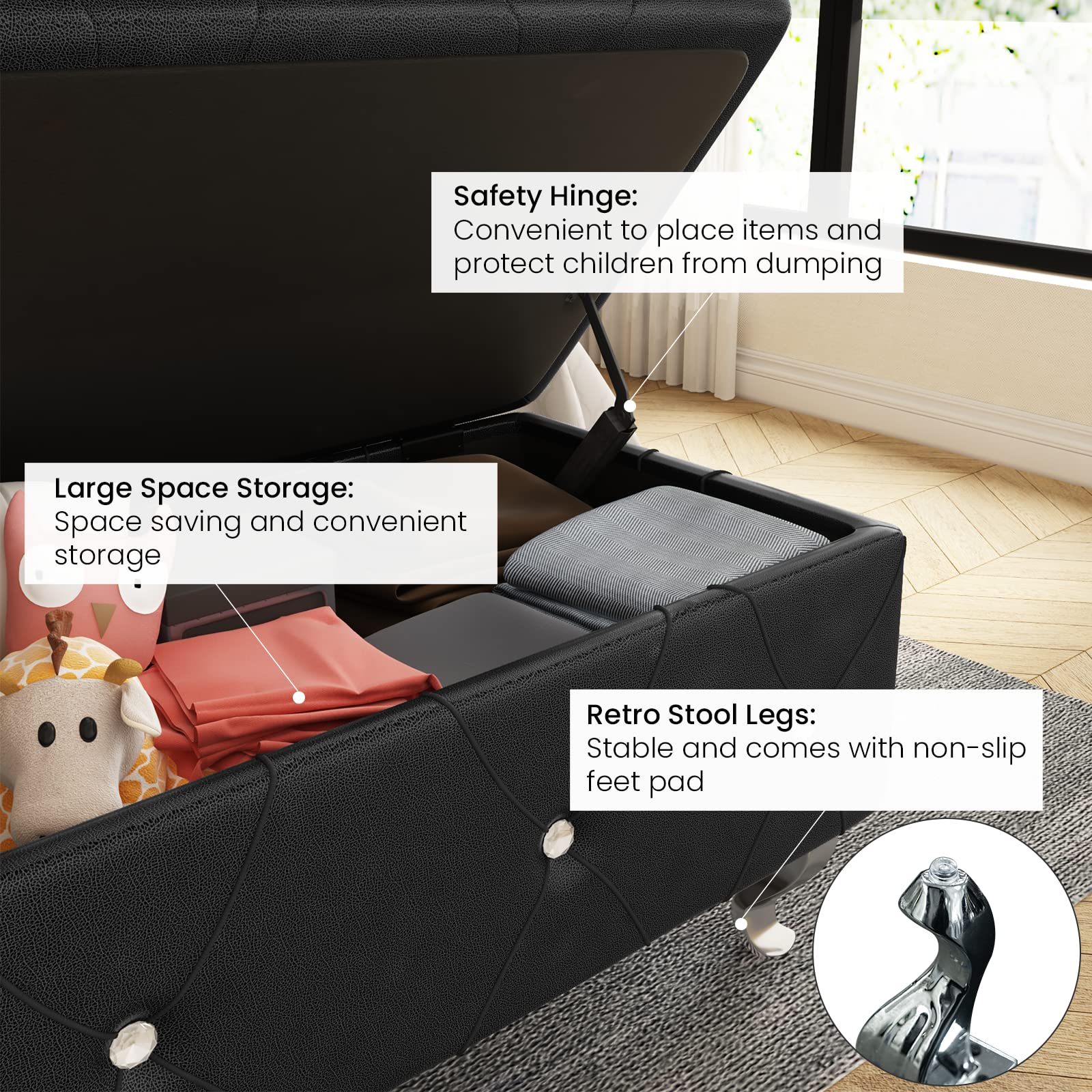 PU Leather Storage Ottoman Bench with Button Tufted Design, 37.4
