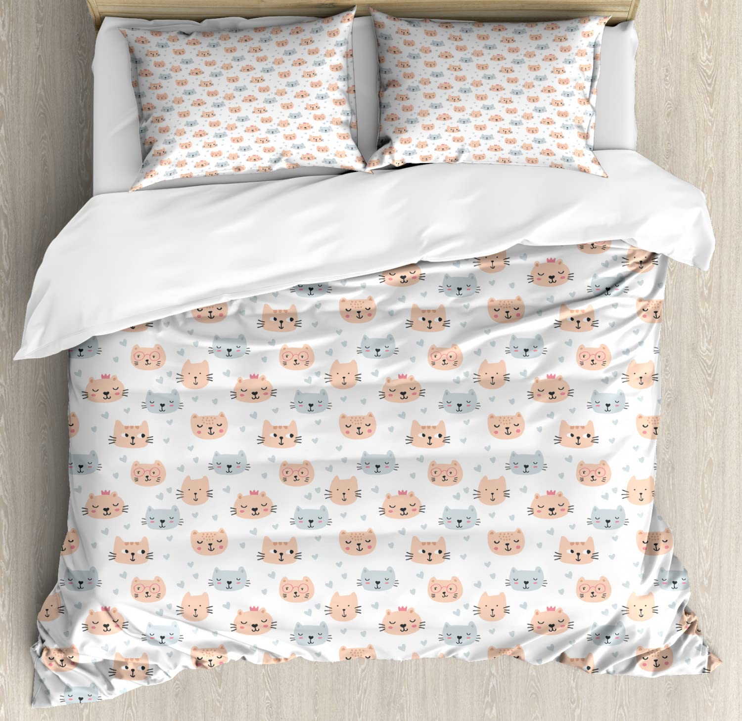Ambesonne Cat Duvet Cover Set - Doodle Style Pet Theme with Faces & Hearts - 2 Twin Size Duvet Covers & 2 Pillowcases - Peach Blue Grey - Perfect for Kids' Rooms, Pet Lovers & Cozy Bedroom Decor