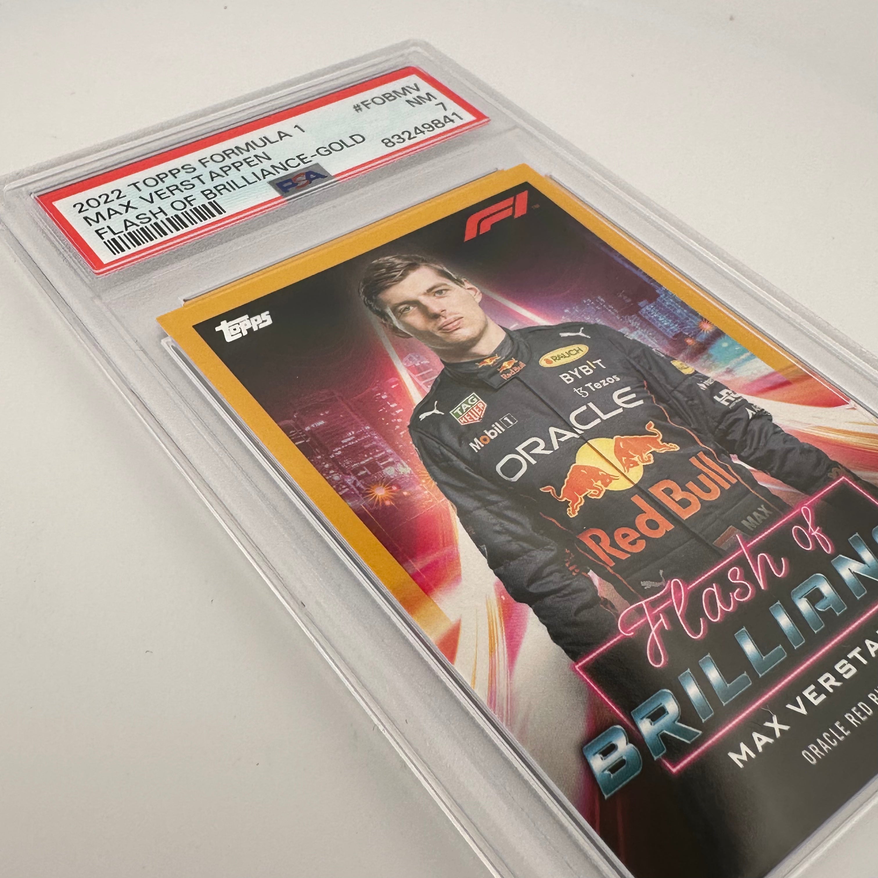 PSA 7 2019 Max Verstappen #FOBMV Flash Of Brilliance Gold Parallel 19/50 - Formula 1 Racing Collectible for Display & Investment