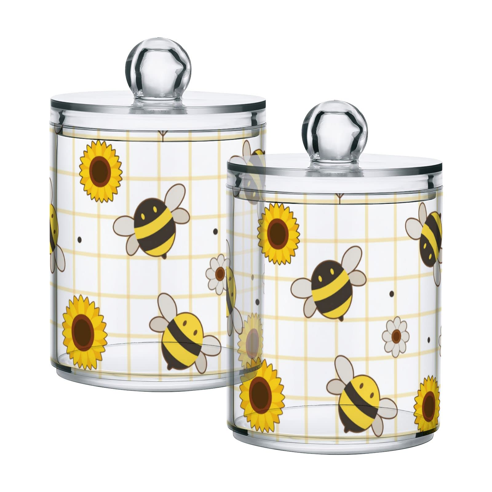 Yellow Bees & Sunflowers Plastic Storage Jars with Lids - Set of 4 Translucent 10oz Food Containers for Tea, Cookies, Cotton Swabs | Airtight Kitchen & Bathroom Organization | Perfect for Pantry, Office, Craft Supplies